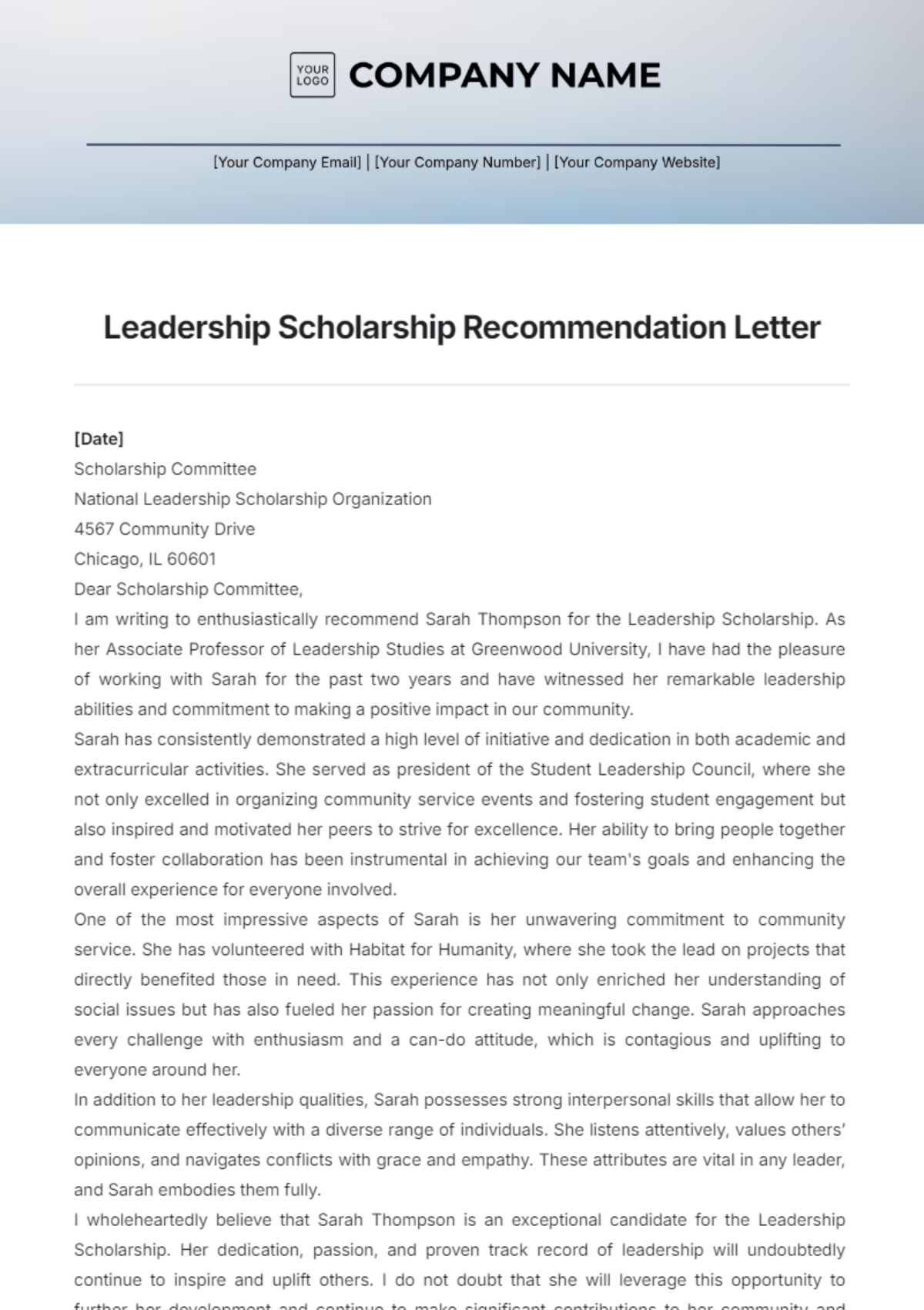 Leadership Scholarship Recommendation Letter Template - Edit Online & Download