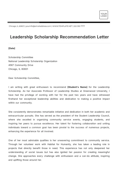 Free Leadership Scholarship Recommendation Letter Template to Edit Online