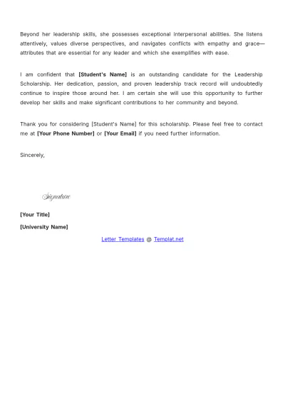 Free Leadership Scholarship Recommendation Letter Template to Edit Online