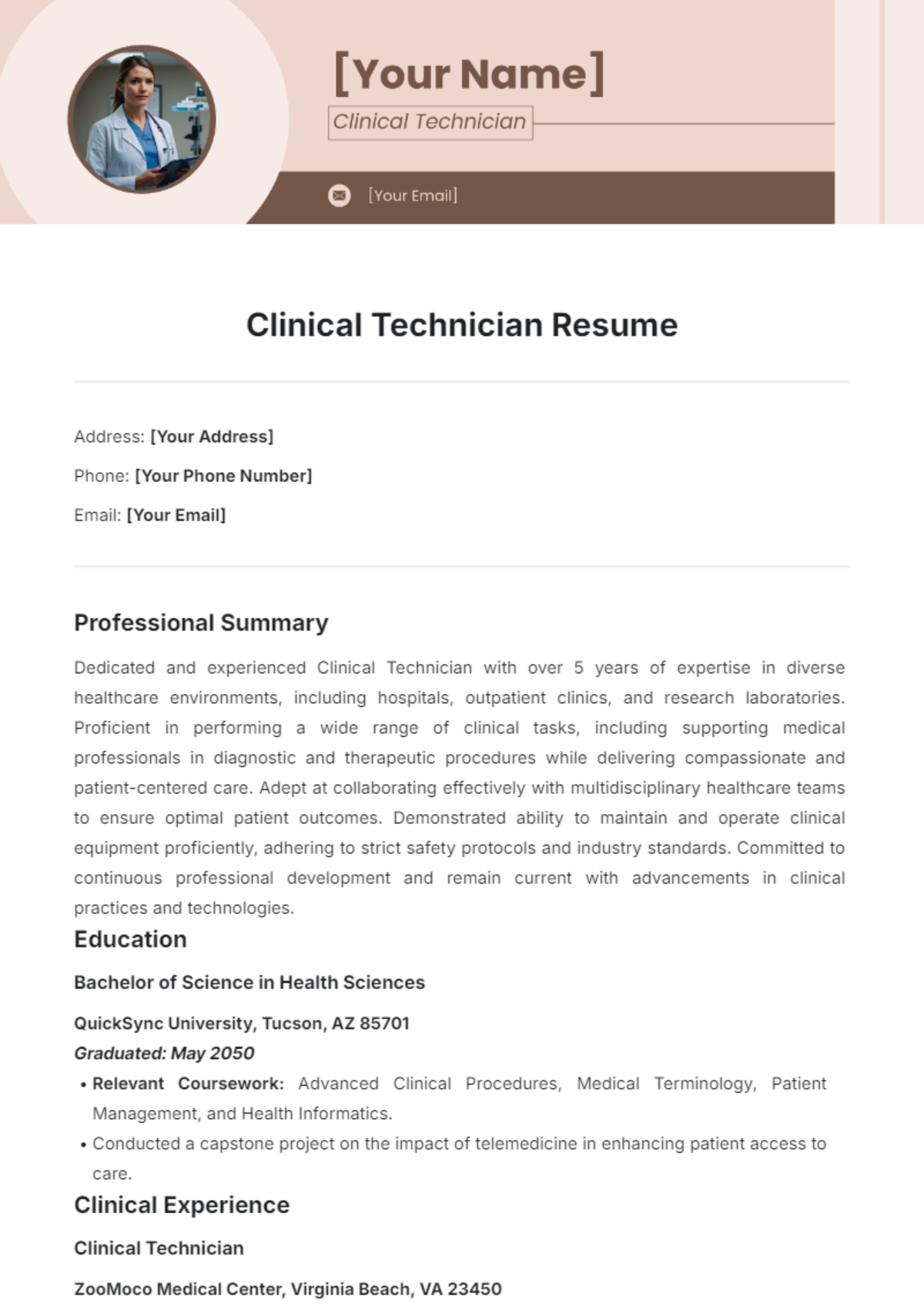 Clinical Technician Resume Template - Edit Online & Download