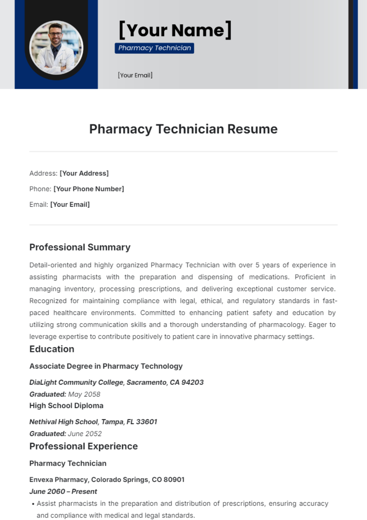 Pharmacy Technician Resume Template - Edit Online & Download