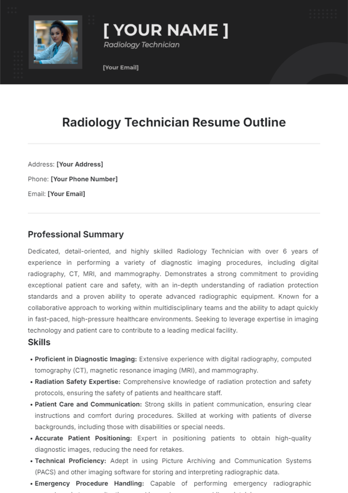 Radiology Technician Resume Outline Template - Edit Online & Download