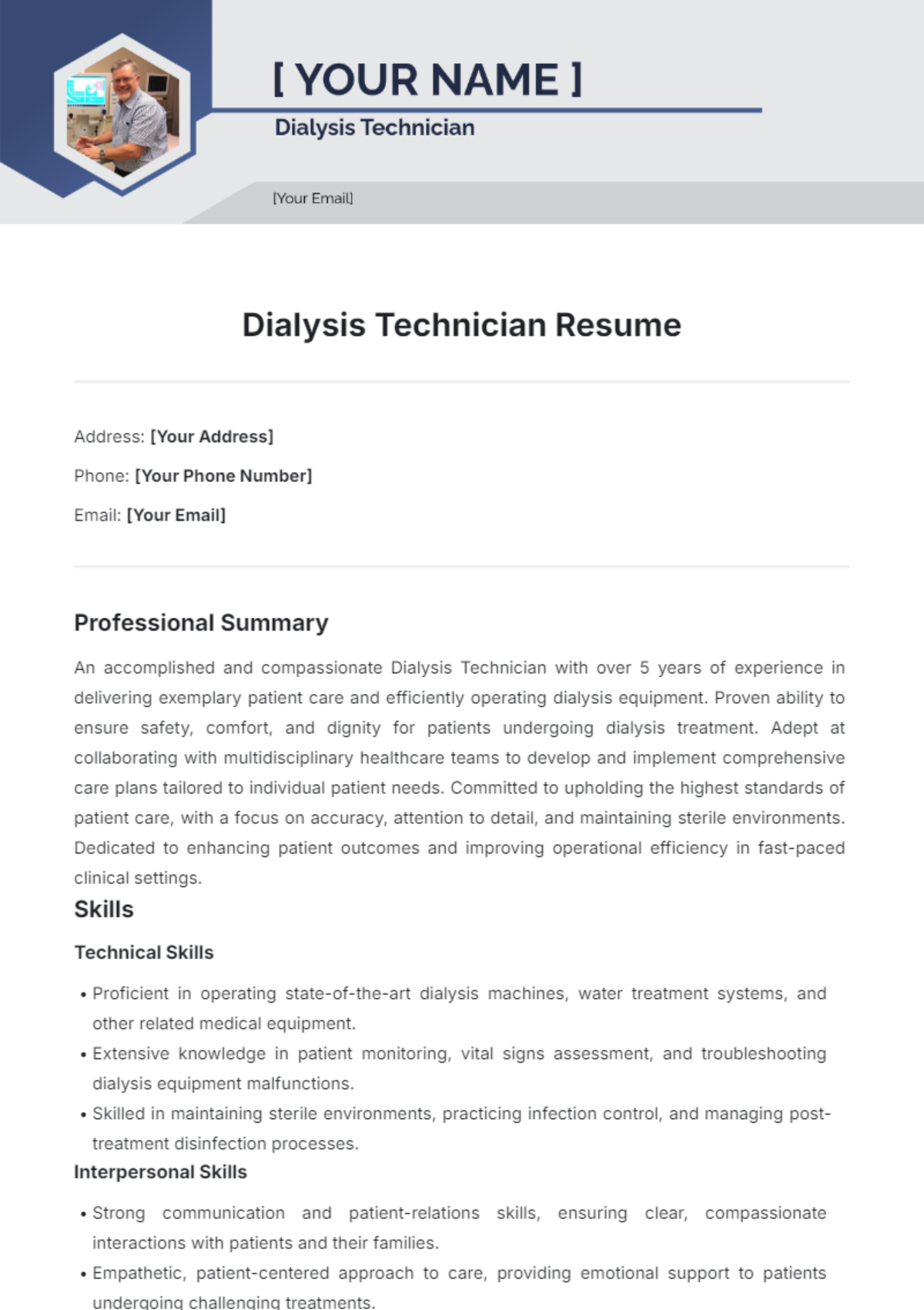 Dialysis Technician Resume Template - Edit Online & Download