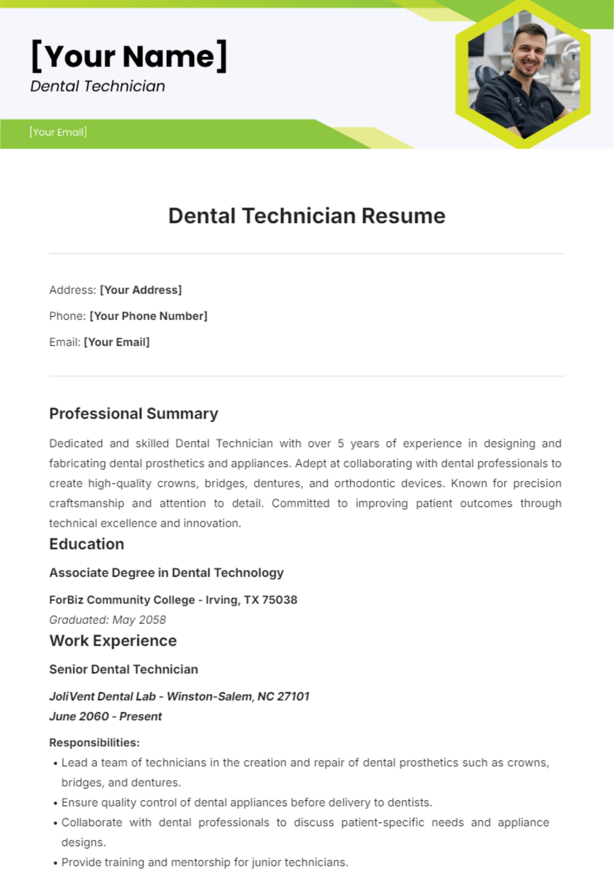 Dental Technician Resume Template - Edit Online & Download