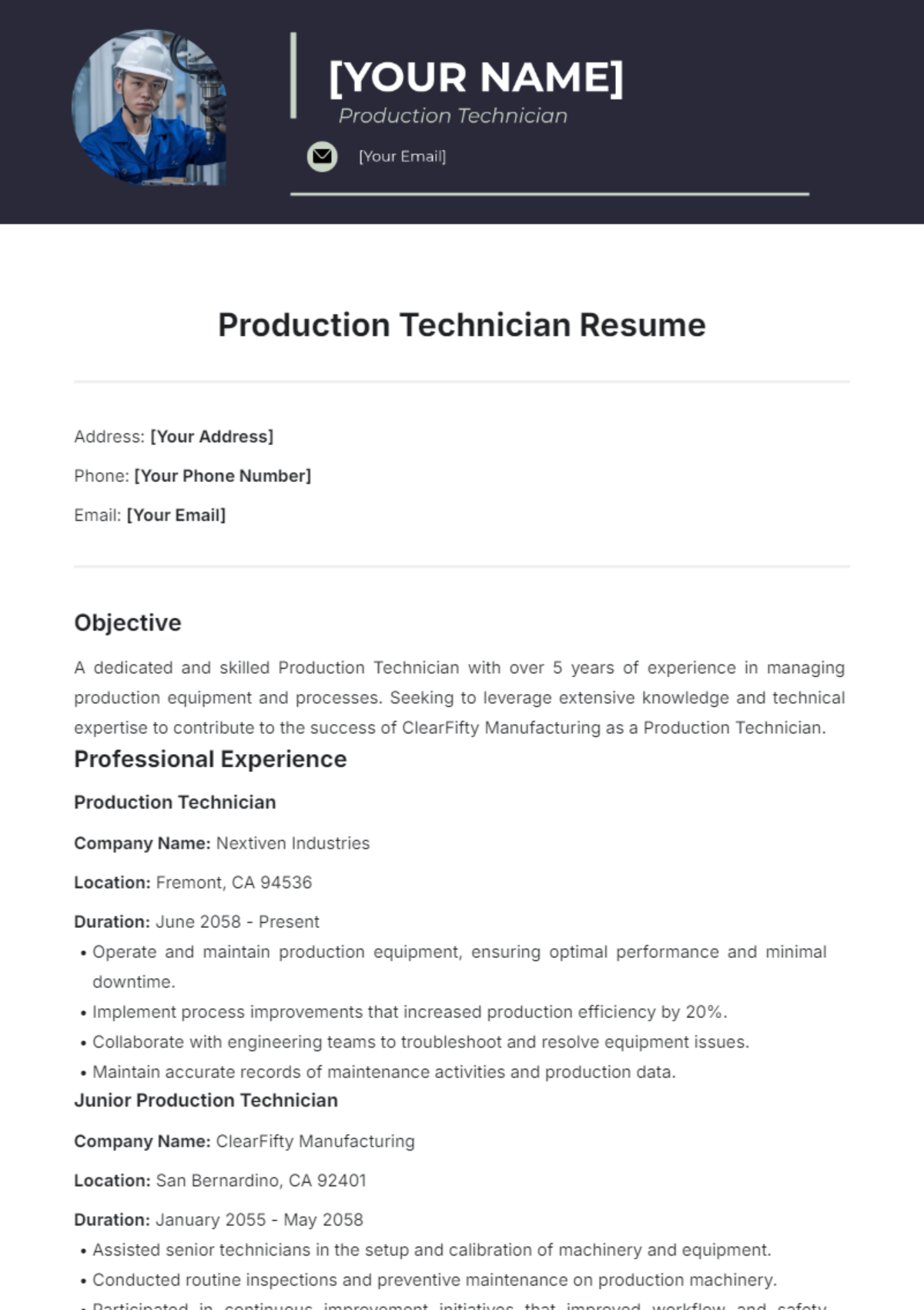 Production Technician Resume Template - Edit Online & Download