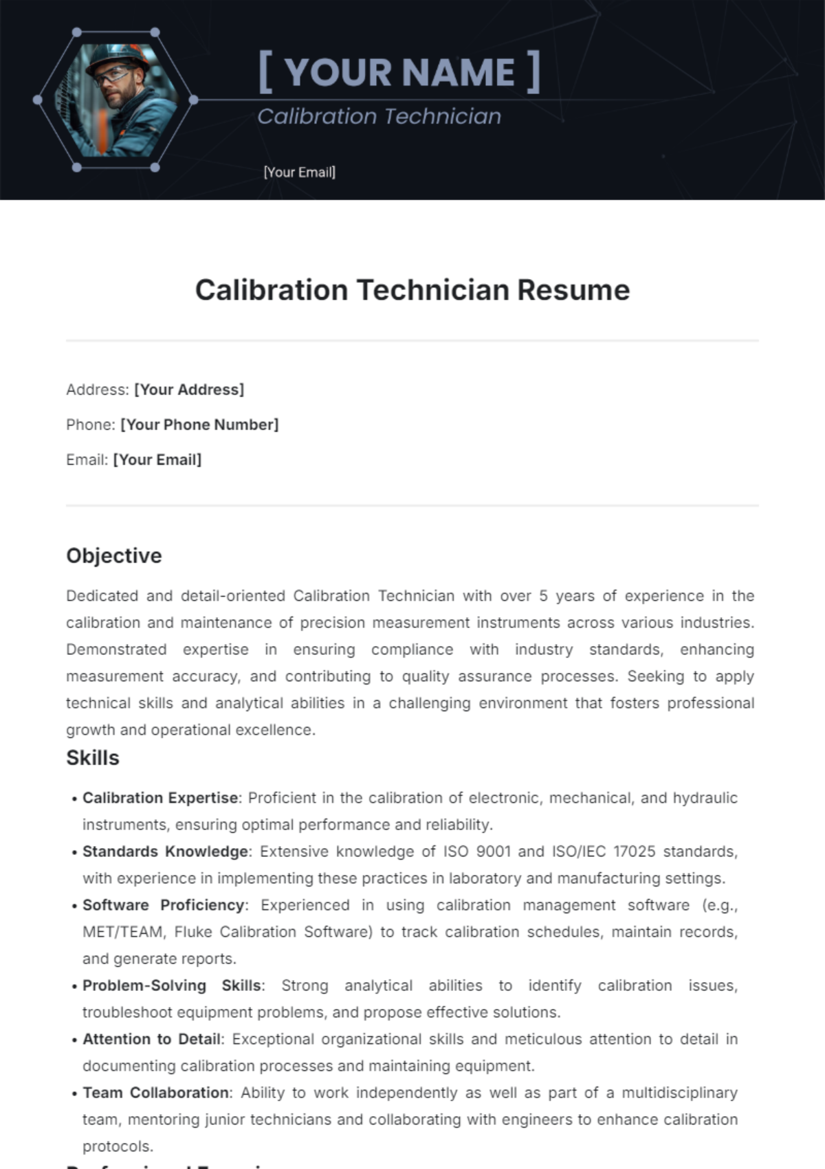 Calibration Technician Resume Template - Edit Online & Download