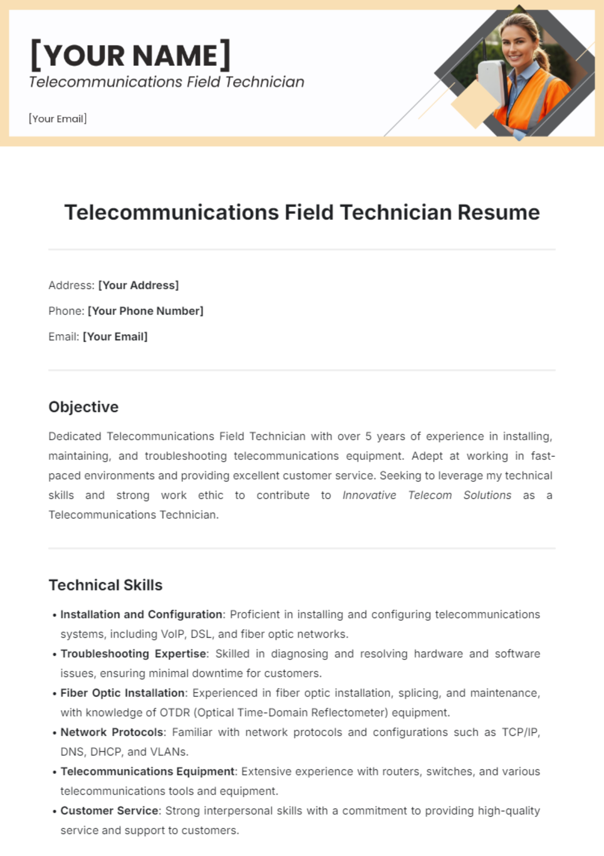 Telecommunications Field Technician Resume Template - Edit Online & Download