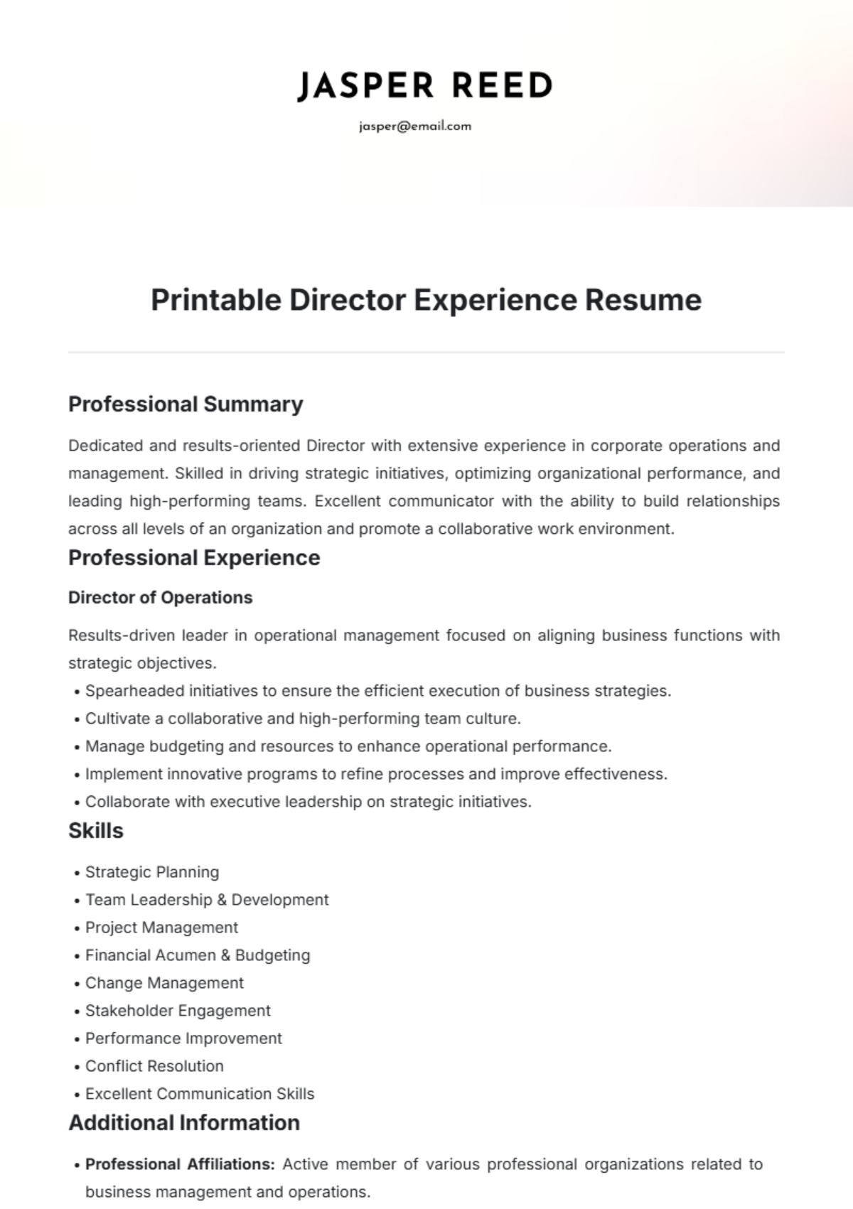 Printable Director Experience Resume Template - Edit Online & Download