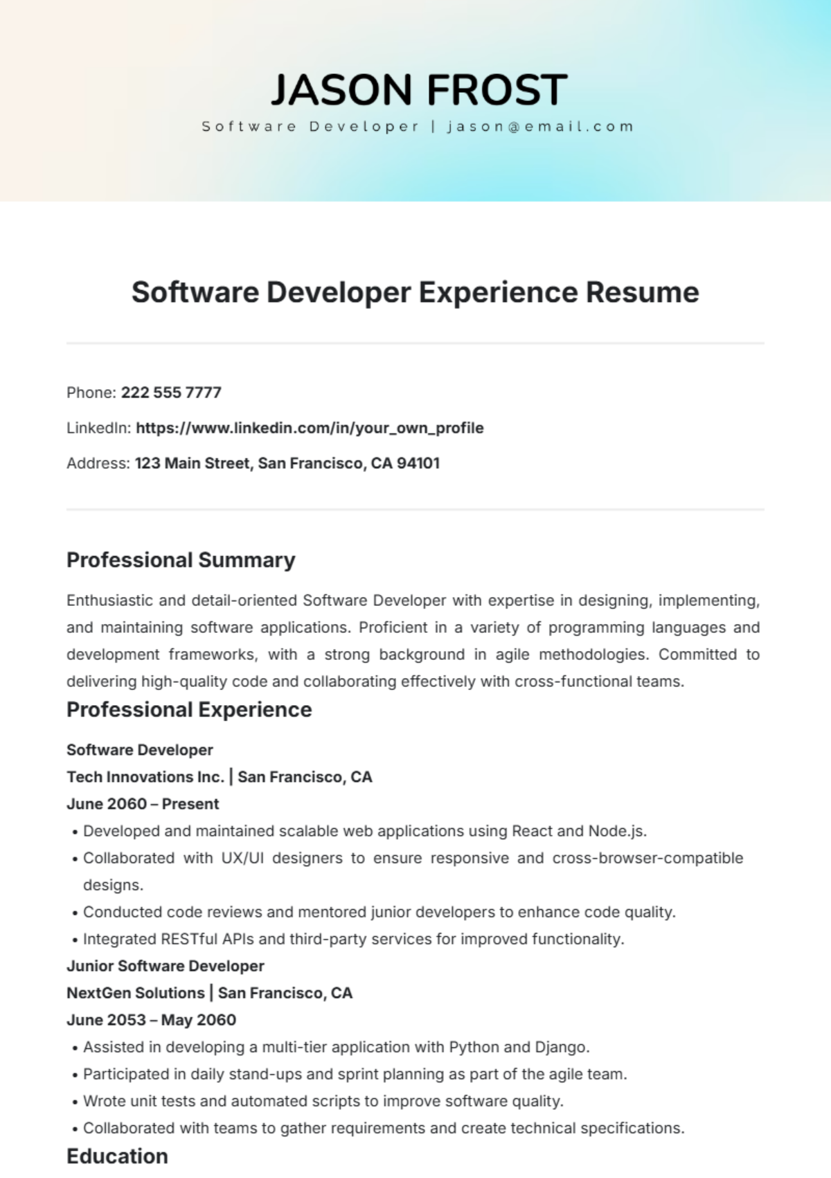 Software Developer Experience Resume Template - Edit Online & Download