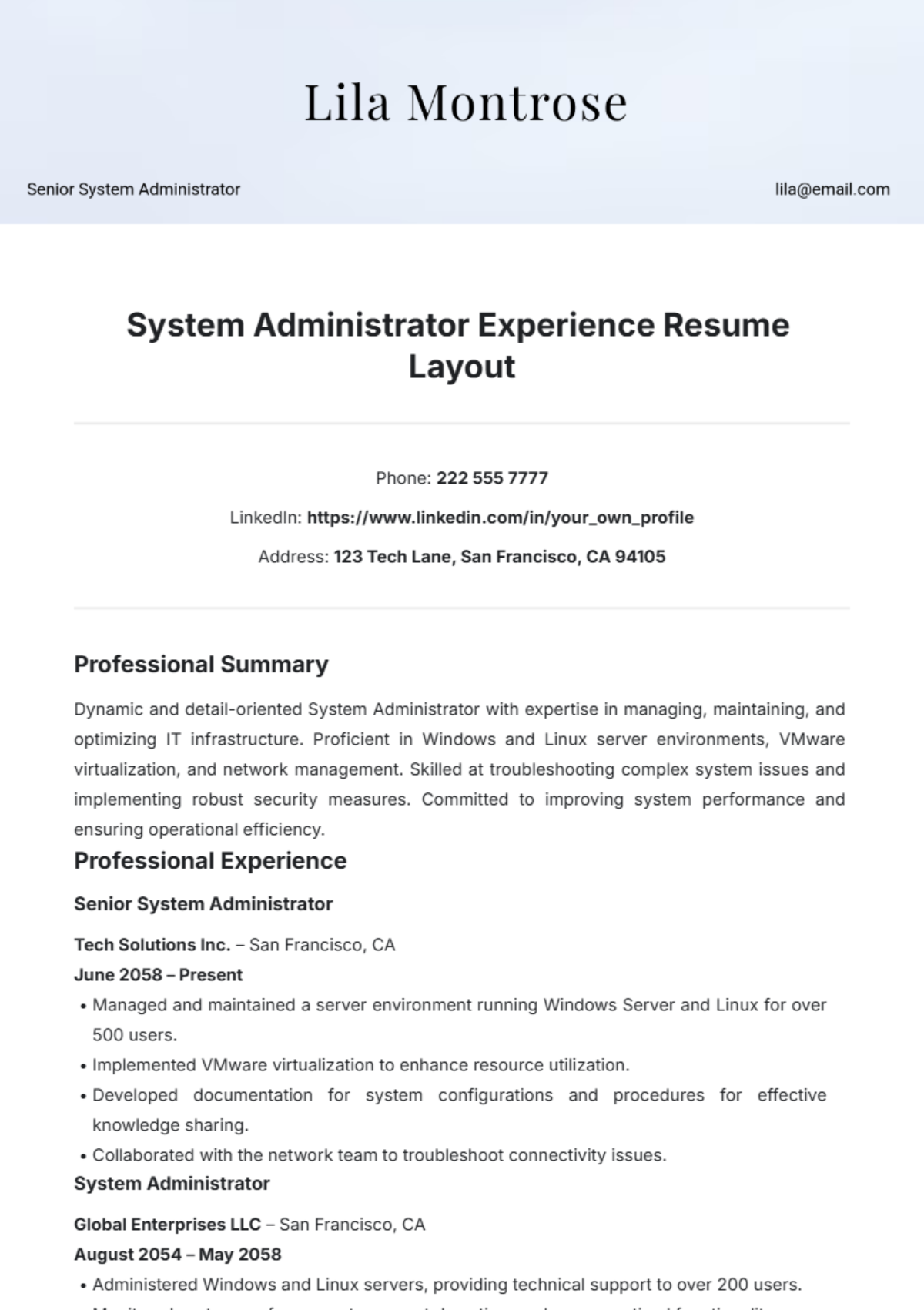 System Administrator Experience Resume Layout Template - Edit Online & Download