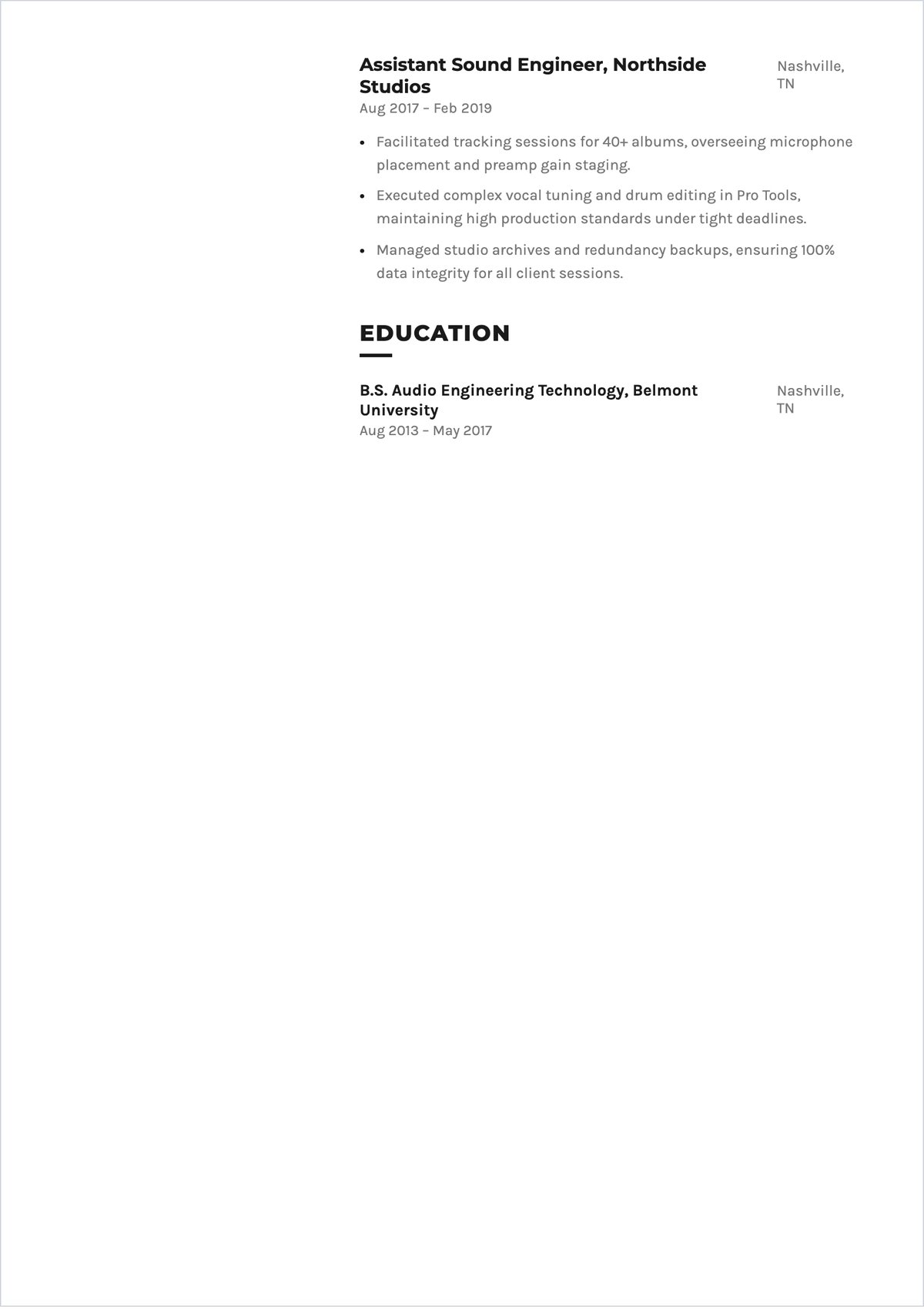 Free Sound Technician ATS Resume Template, AI Resume Builder