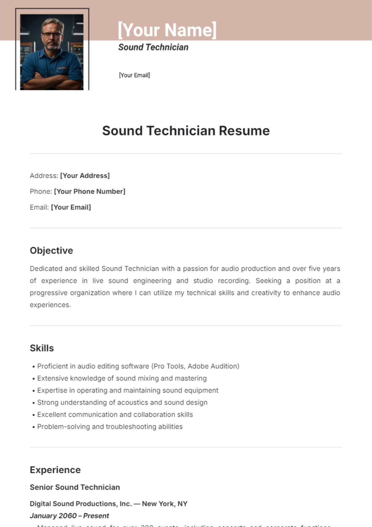 Sound Technician Resume Template - Edit Online & Download