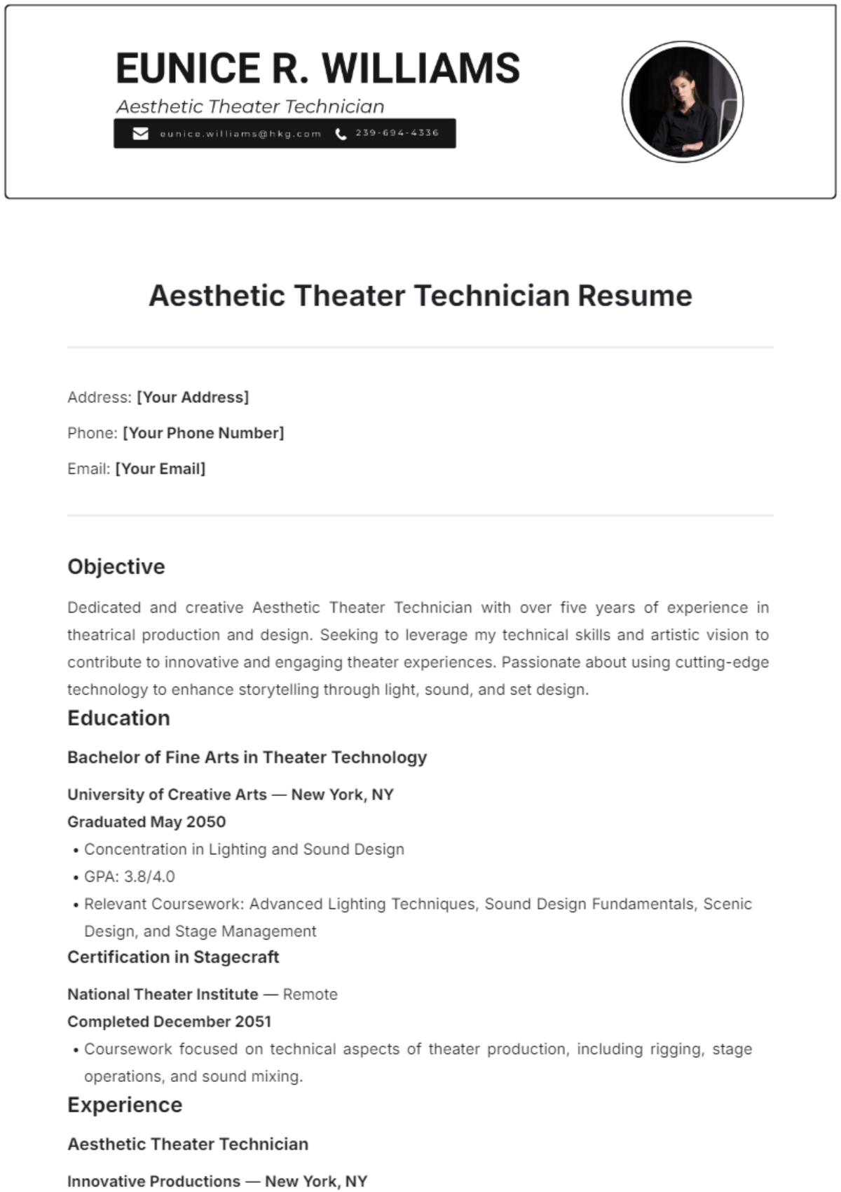 Aesthetic Theater Technician Resume Template - Edit Online & Download