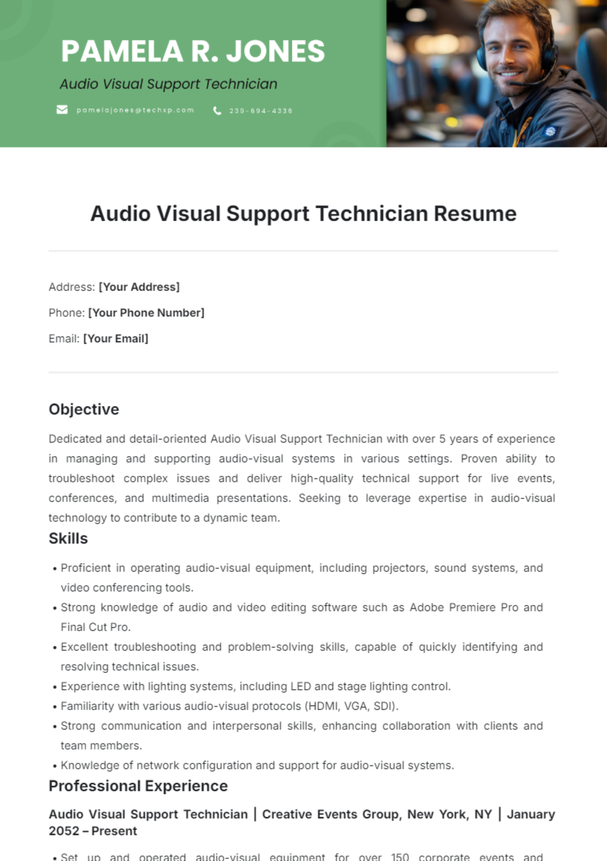 Audio Visual Support Technician Resume Template - Edit Online & Download