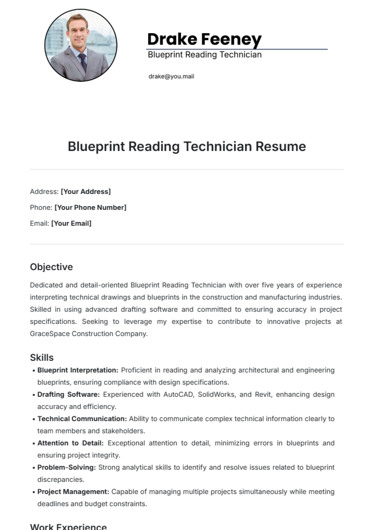 Blueprint Reading Technician Resume Template - Edit Online & Download