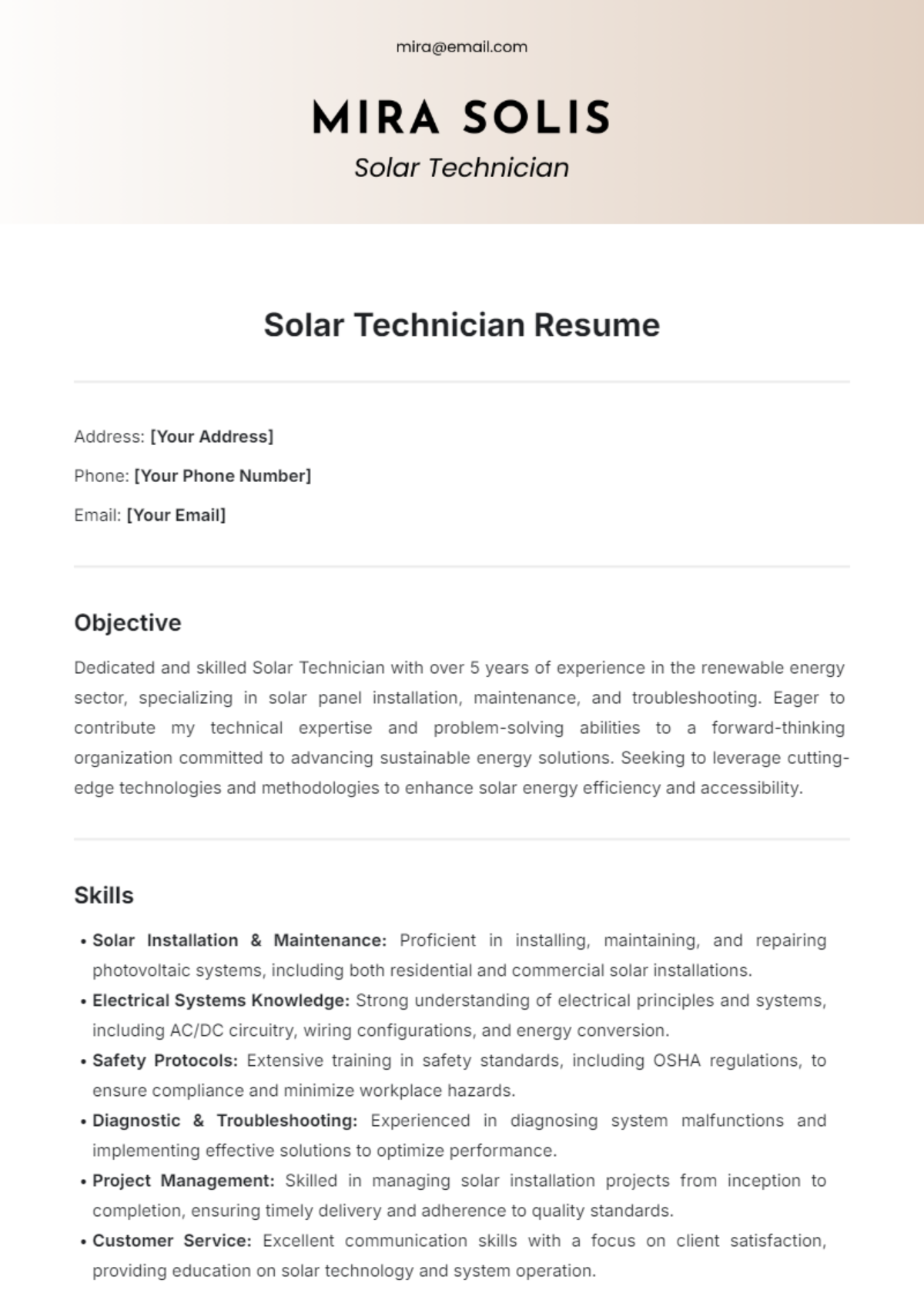 Solar Technician Resume Template - Edit Online & Download