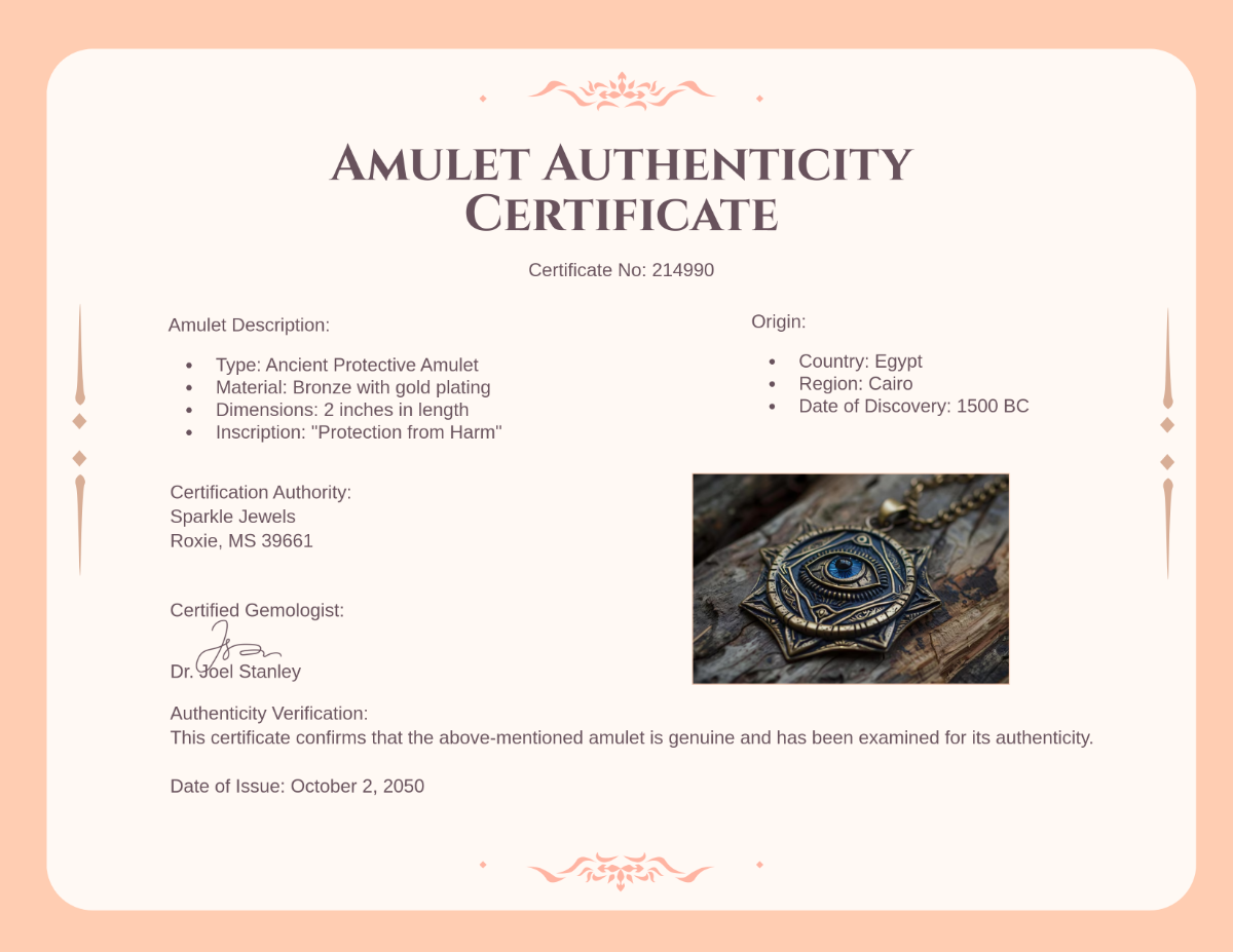 Aesthetic Amulet Authenticity Certificate Template - Edit Online & Download