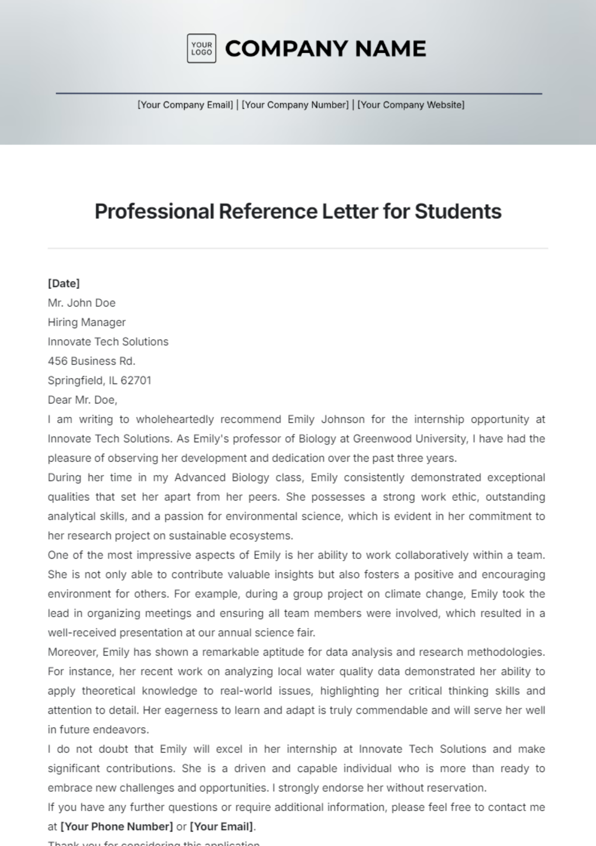 Professional Reference Letter for Students Template - Edit Online & Download