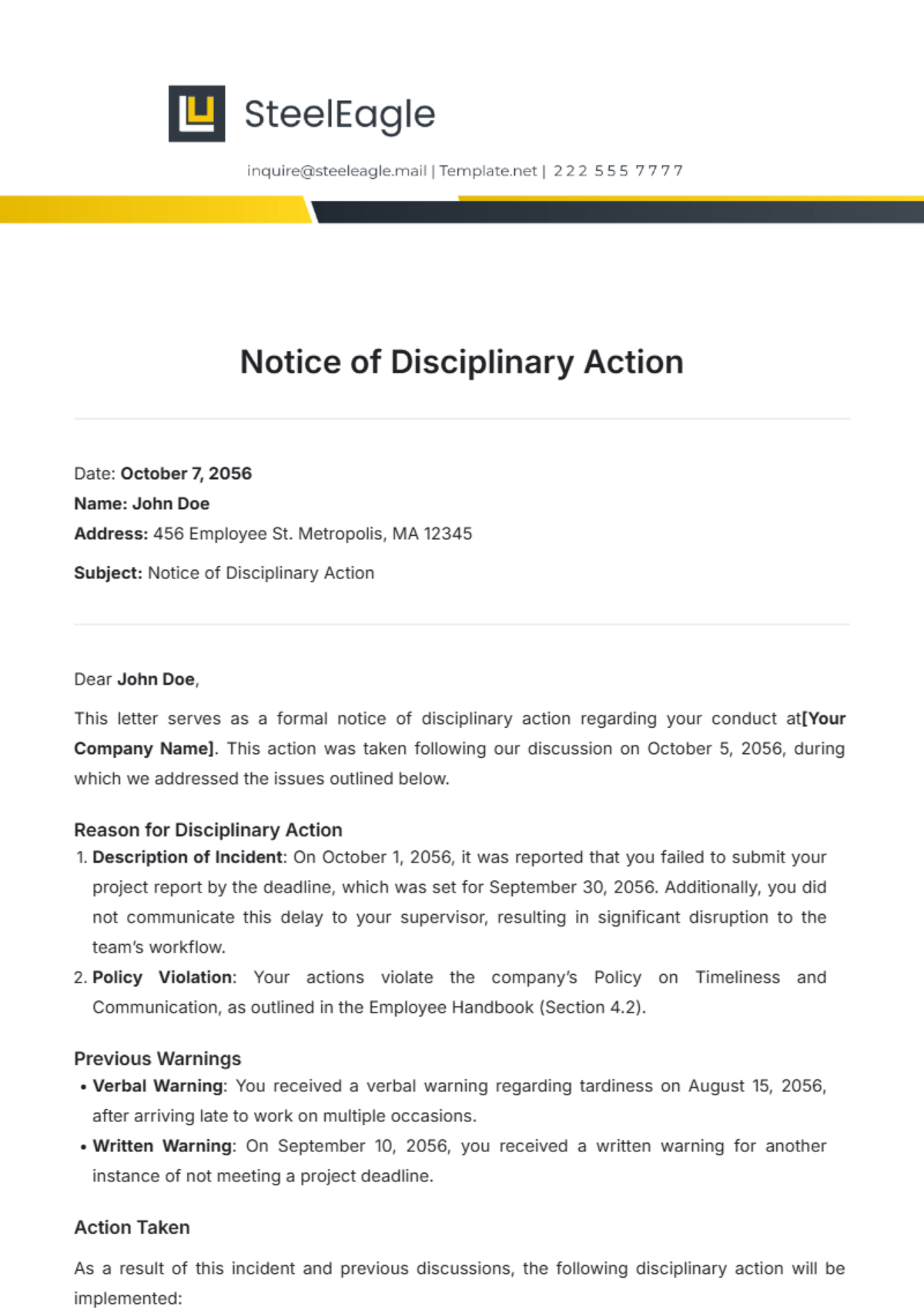 Notice of Disciplinary Action Template - Edit Online & Download