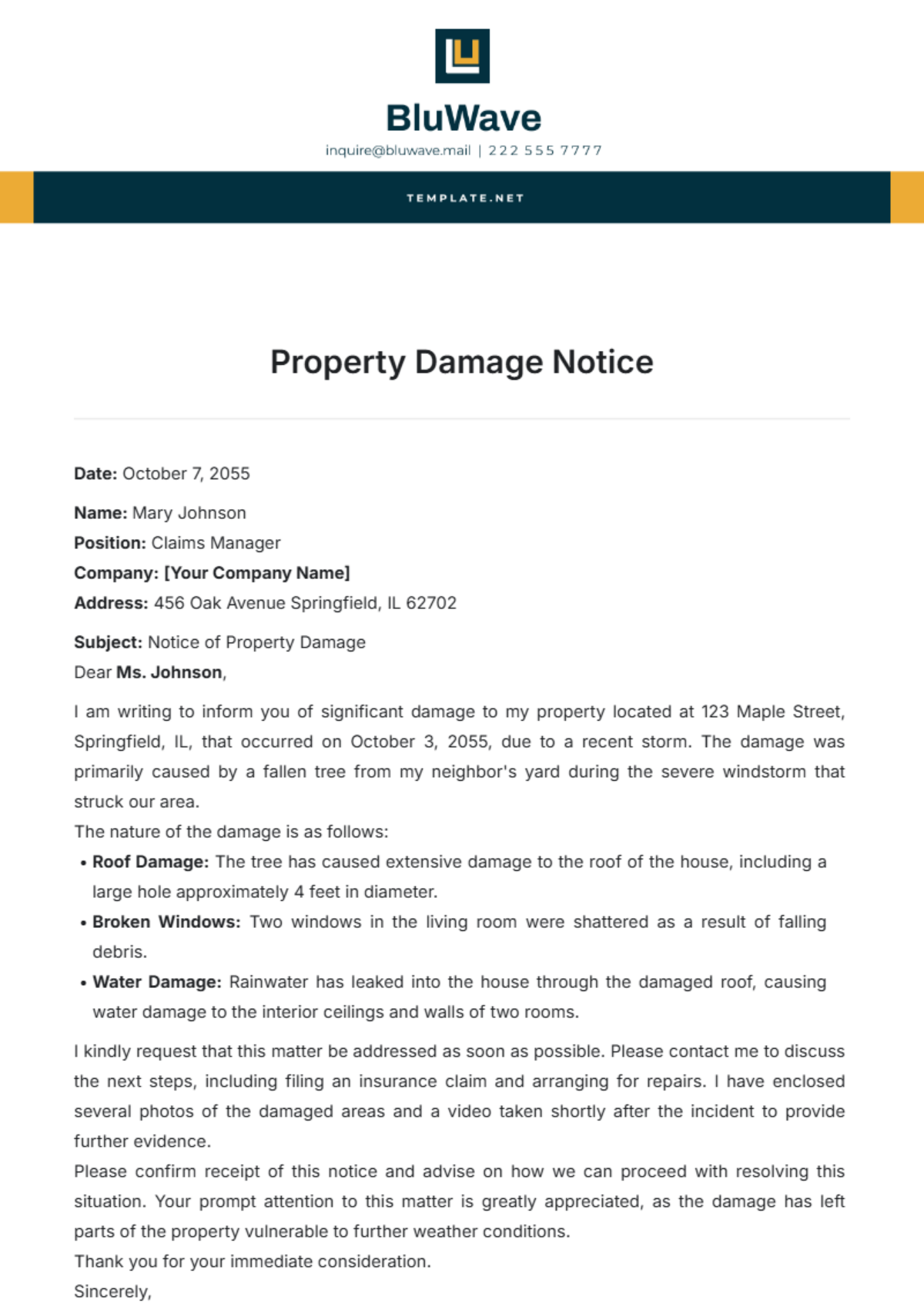 Property Damage Notice Template - Edit Online & Download