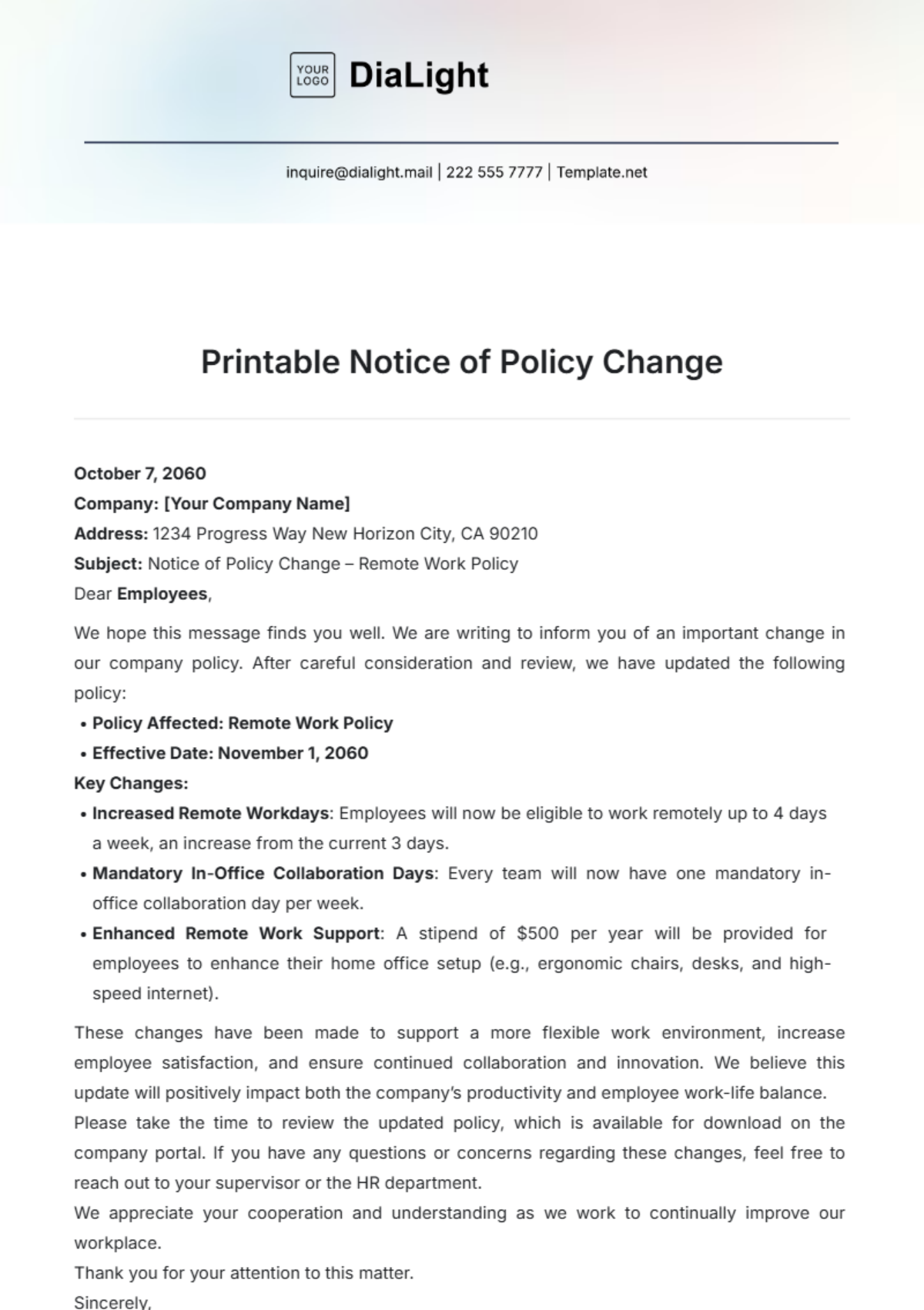 Printable Notice of Policy Change Template - Edit Online & Download