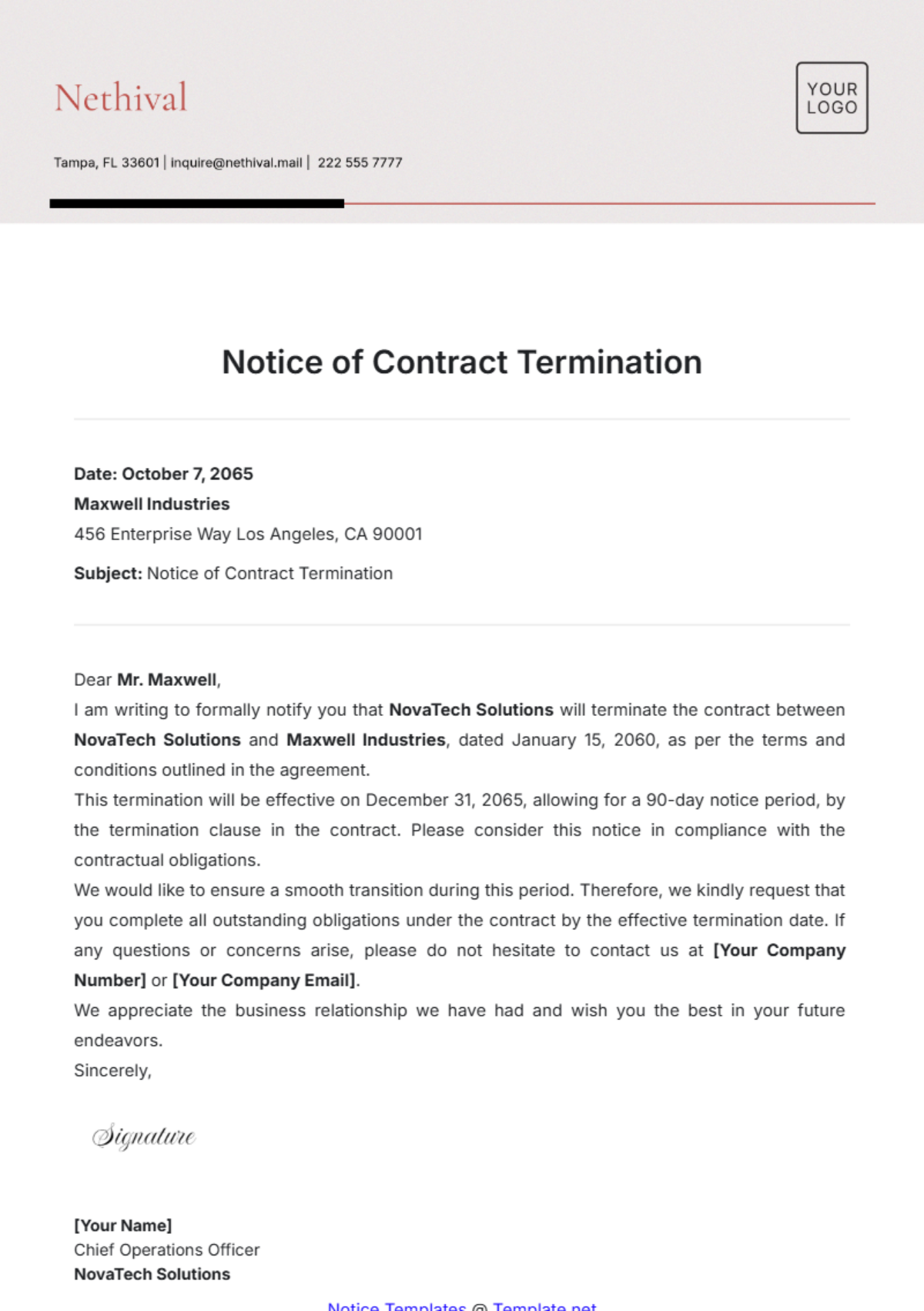 Notice of Contract Termination Template - Edit Online & Download