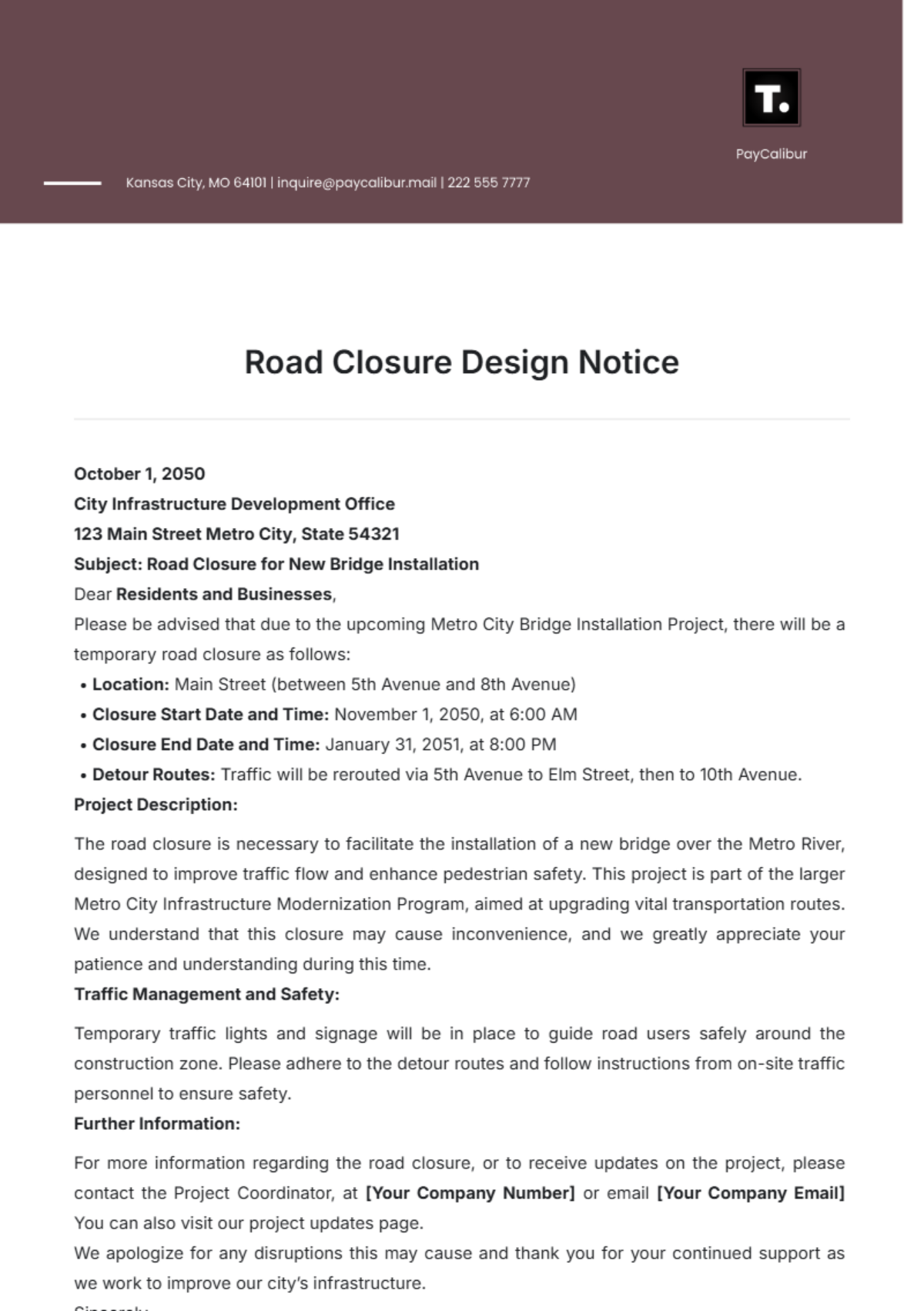 Road Closure Design Notice Template - Edit Online & Download