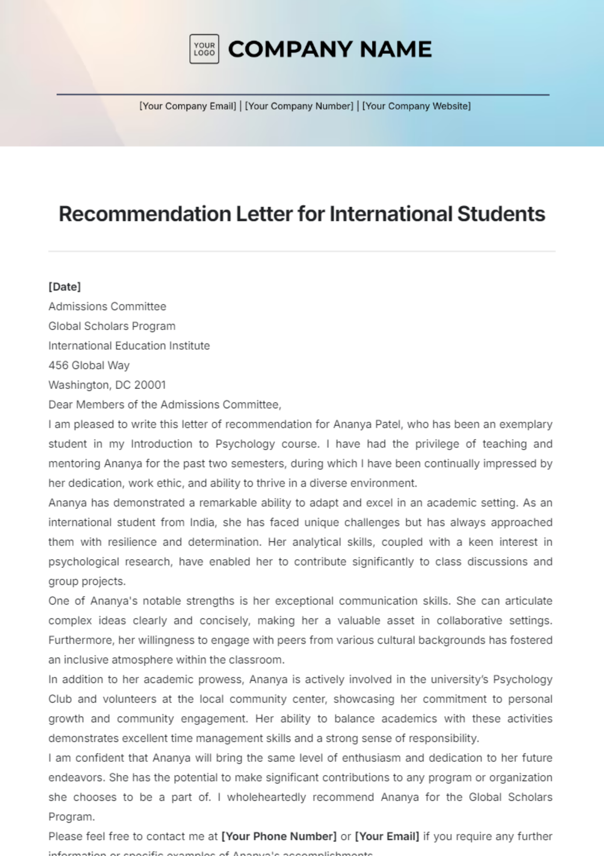 Recommendation Letter for International Students Template - Edit Online & Download