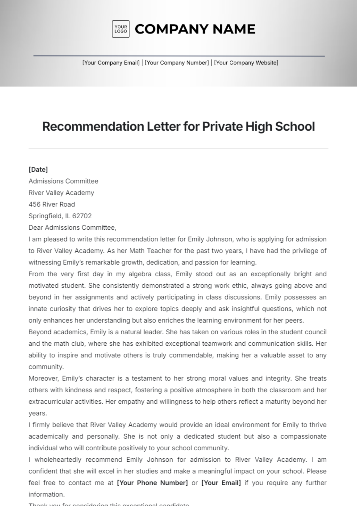 Recommendation Letter for Private High School Template - Edit Online & Download