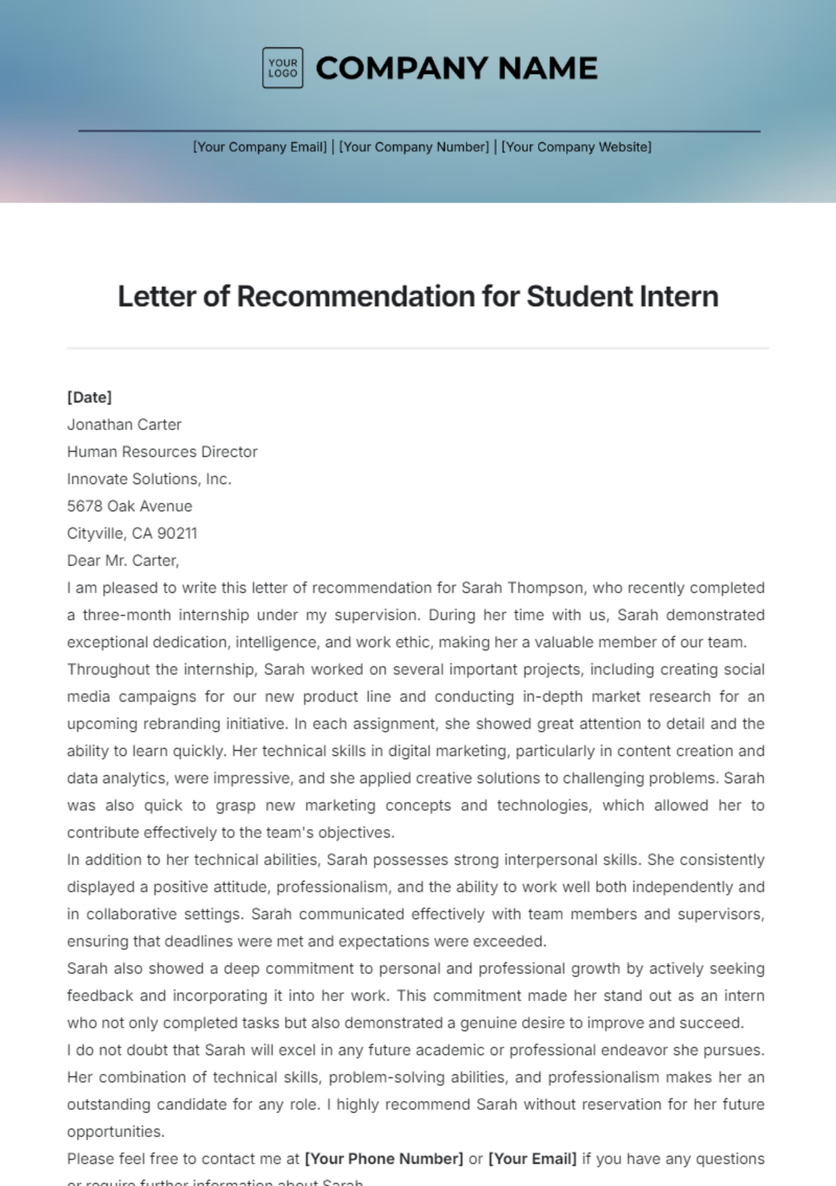 Letter of Recommendation for Student Intern Template