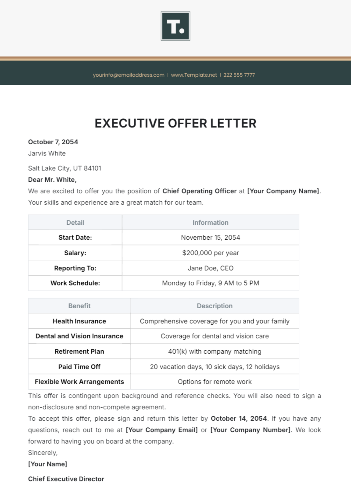 Executive Offer Letter Template - Edit Online & Download