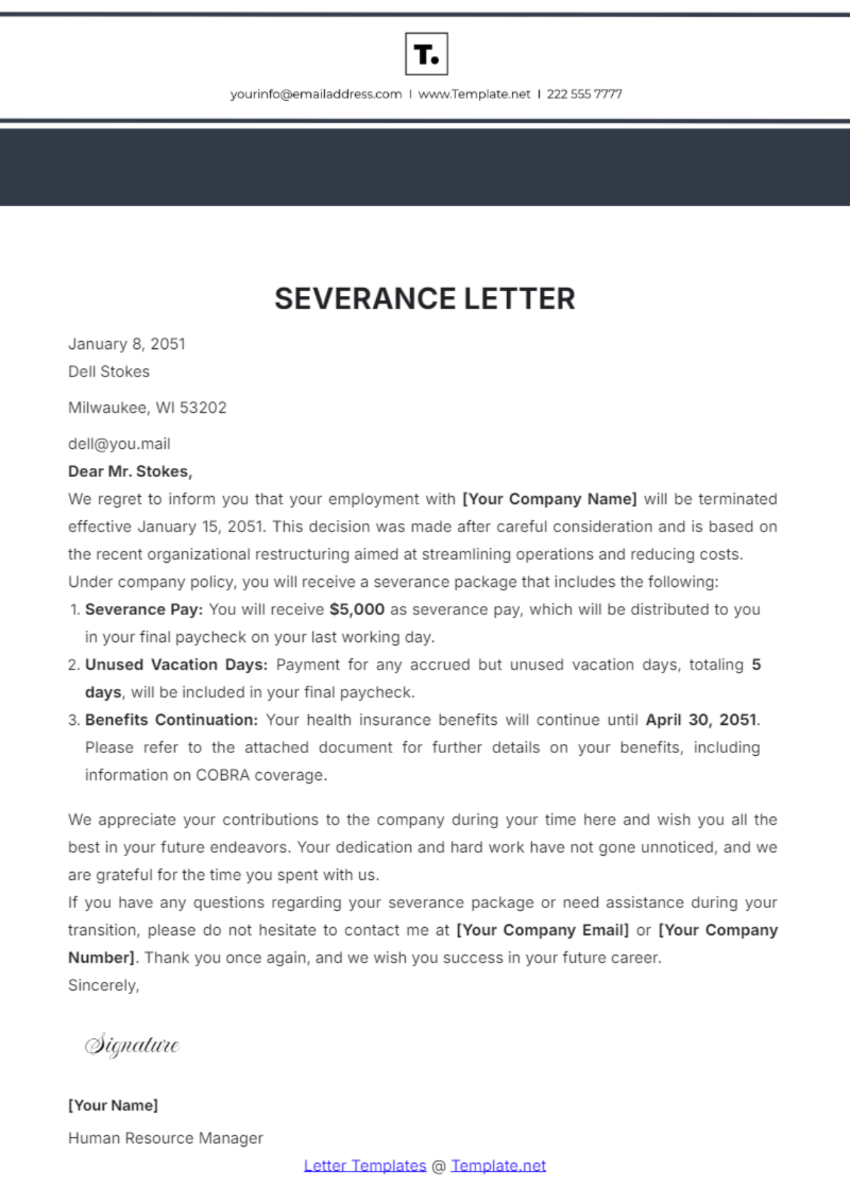 Severance Letter Template - Edit Online & Download