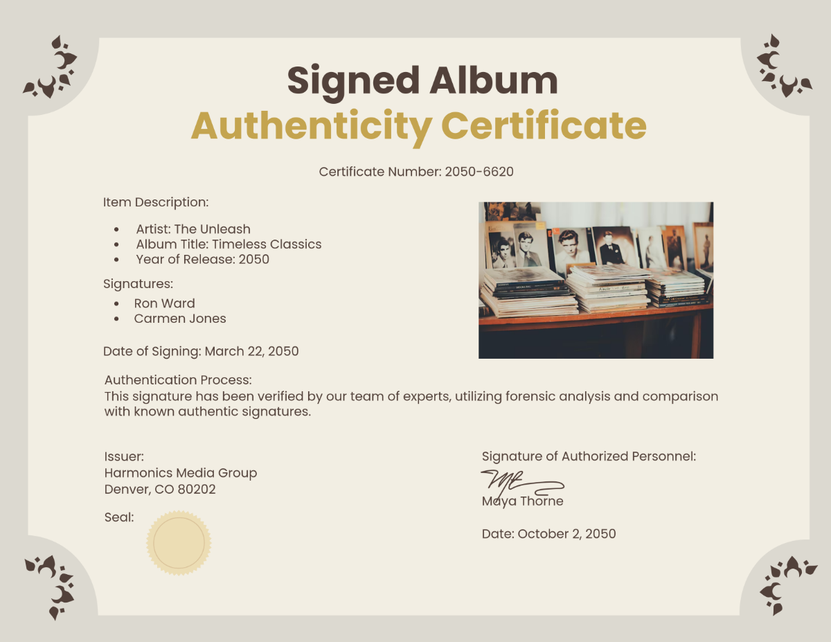 Signed Album Authenticity Certificate Template - Edit Online & Download