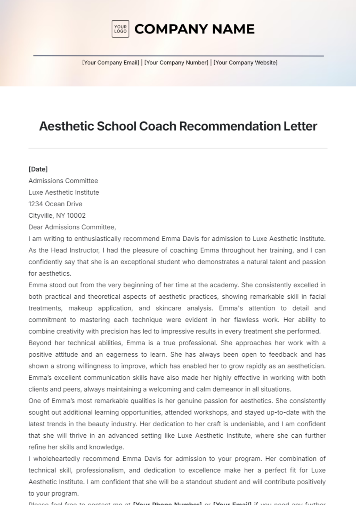 Aesthetic School Coach Recommendation Letter Template - Edit Online & Download