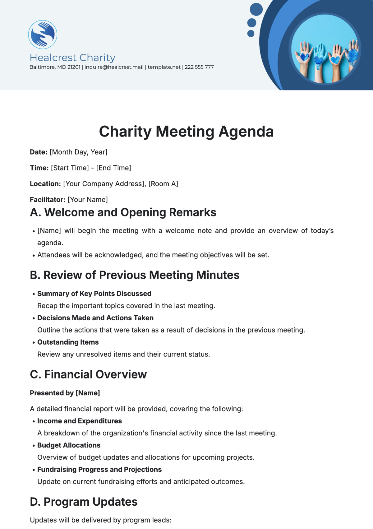 Charity Meeting Agenda Template - Edit Online & Download