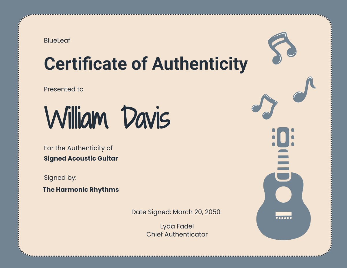 Music Memorabilia Authenticity Certificate Template - Edit Online & Download