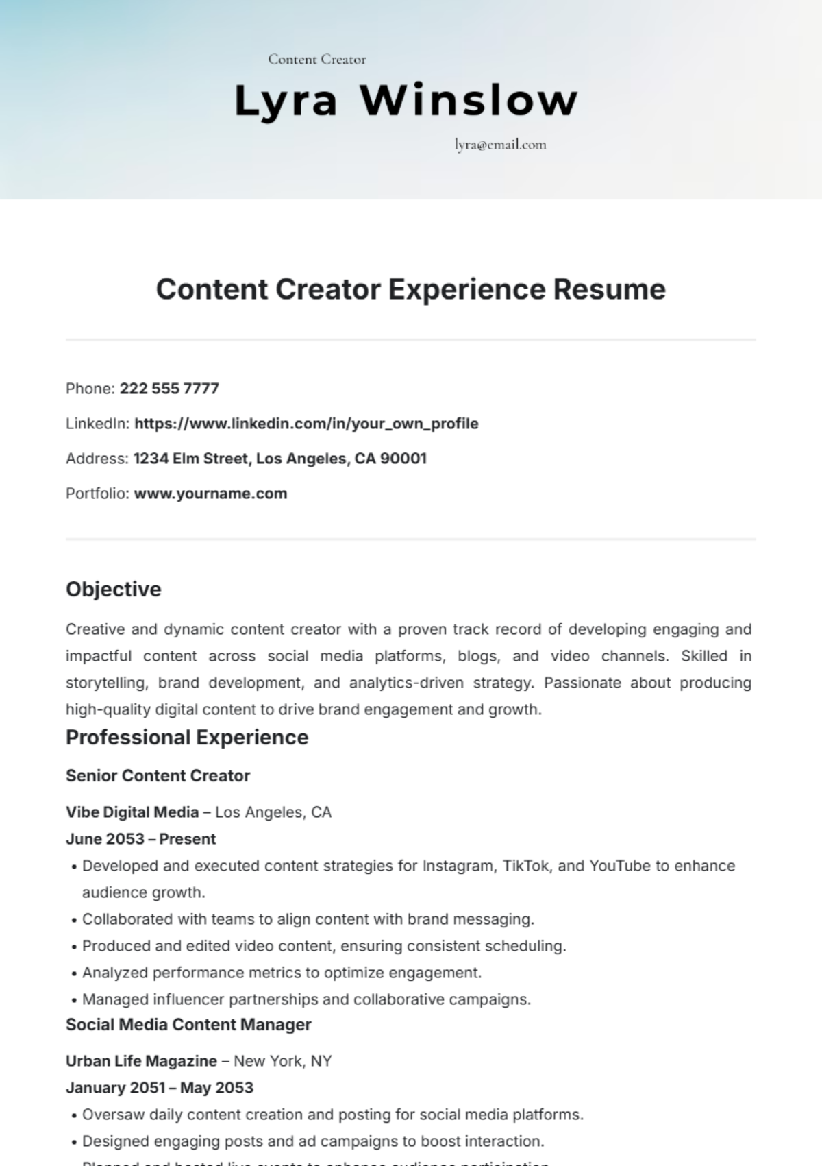 Content Creator Experience Resume Template - Edit Online & Download