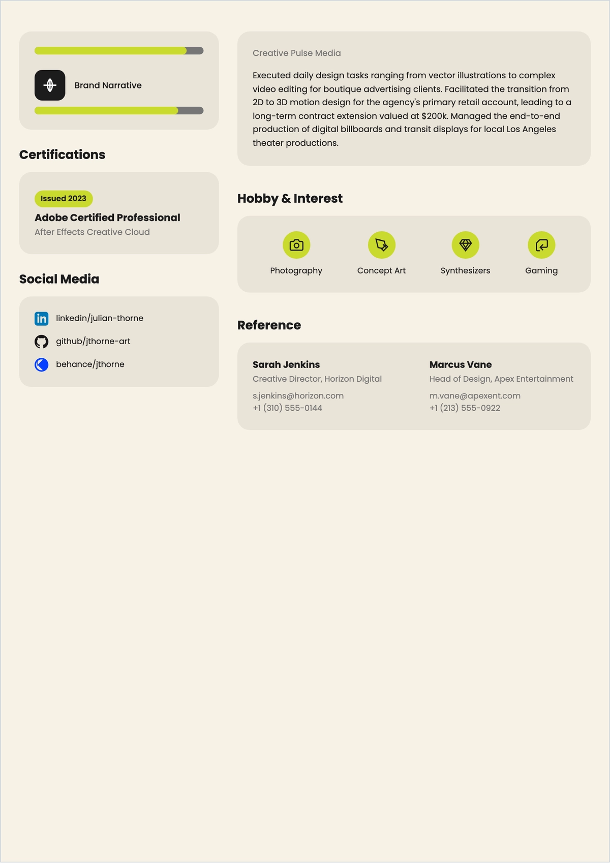 Free Multimedia Artist Experience ATS Resume Template