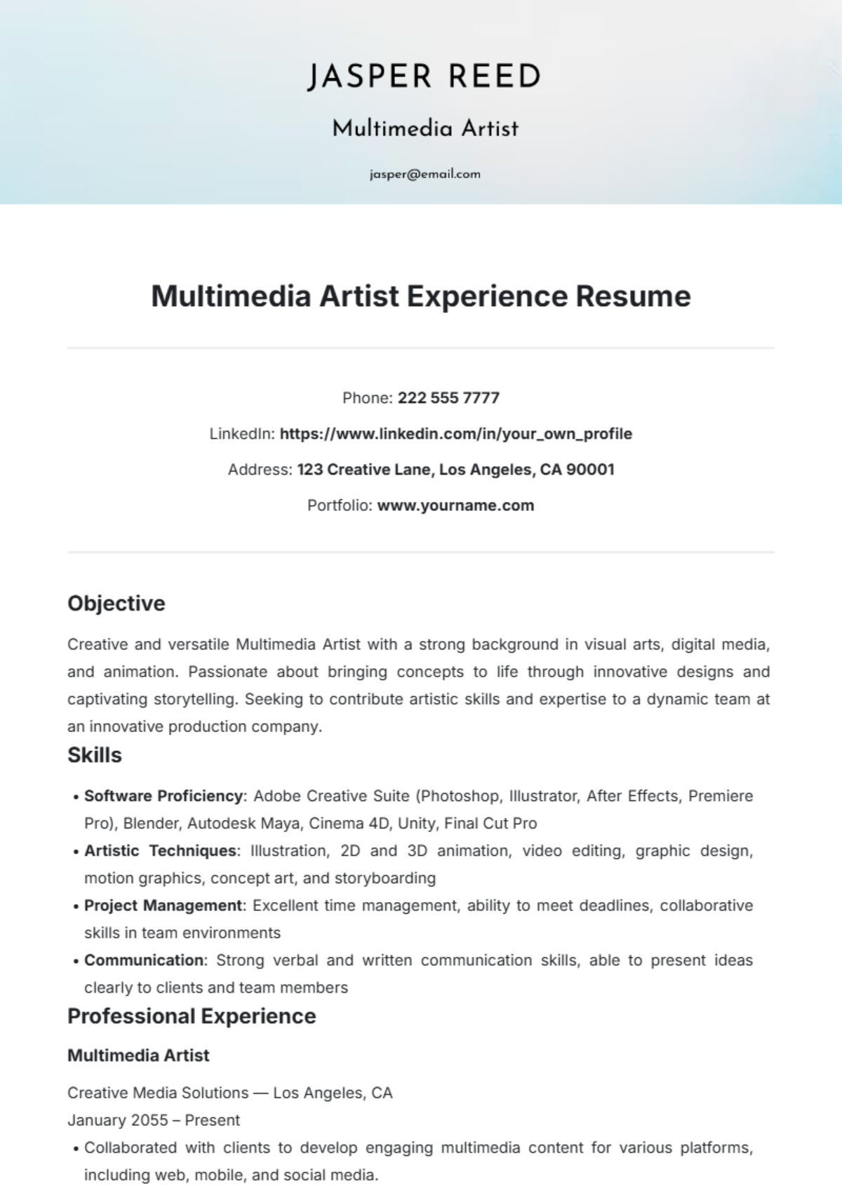 Multimedia Artist Experience Resume Template - Edit Online & Download