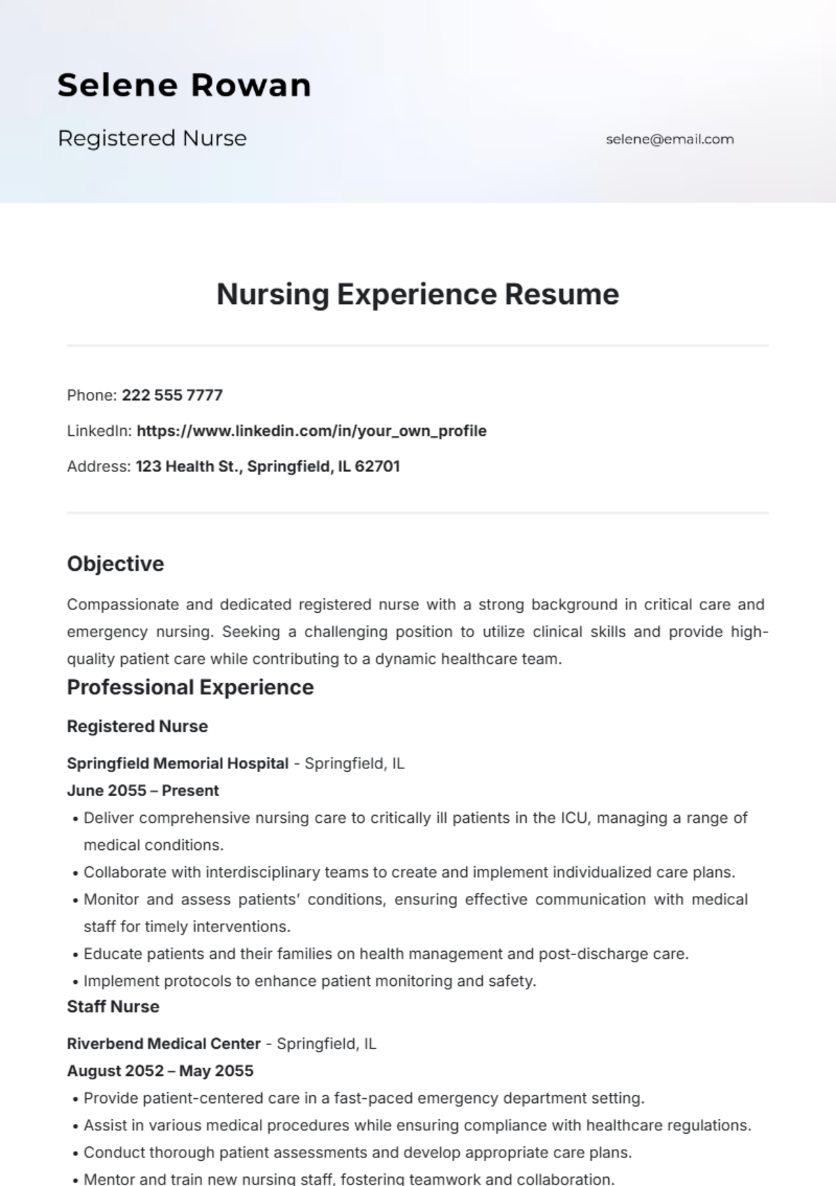 Nursing Experience Resume Template - Edit Online & Download