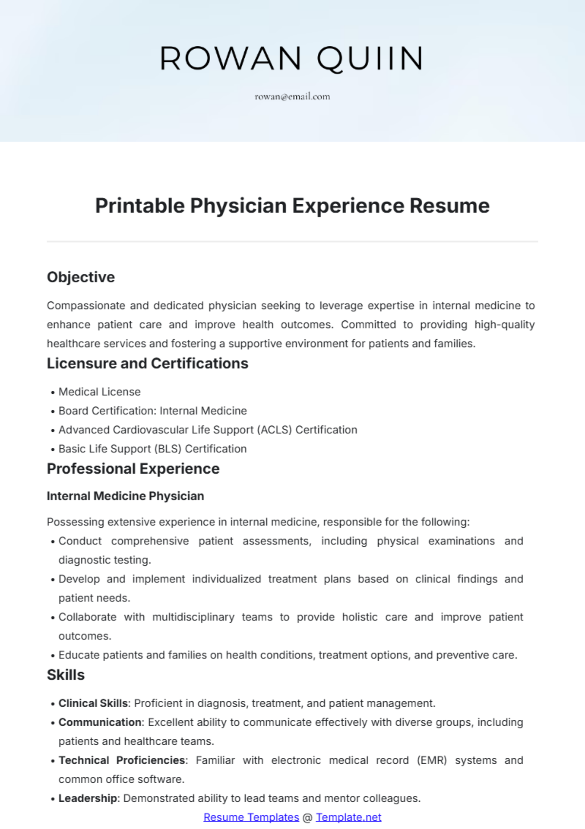 Printable Physician Experience Resume Template - Edit Online & Download