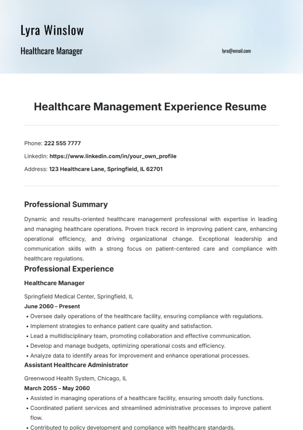 Healthcare Management Experience Resume Template - Edit Online & Download