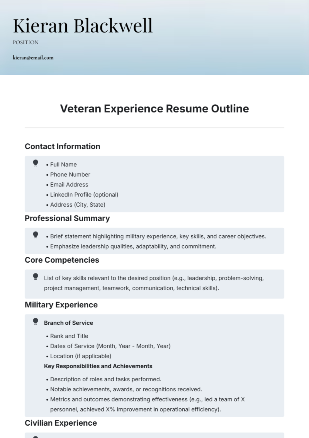 Veteran Experience Resume Outline Template - Edit Online & Download