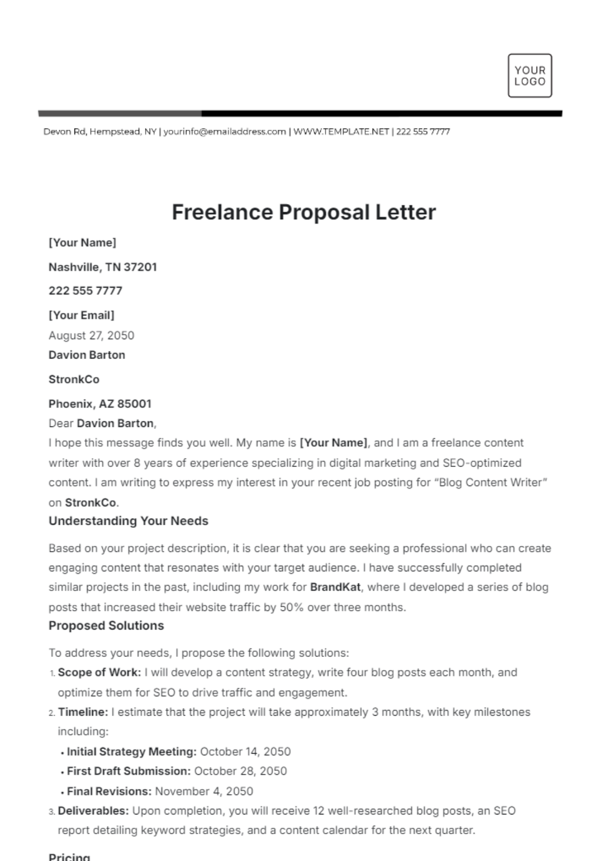 Freelance Proposal Letter Template - Edit Online & Download