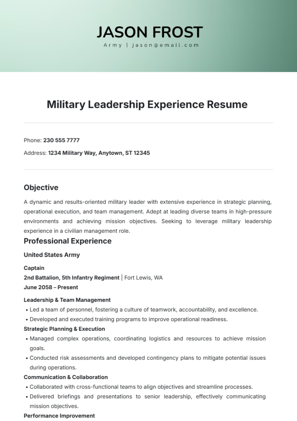 Military Leadership Experience Resume Template - Edit Online & Download