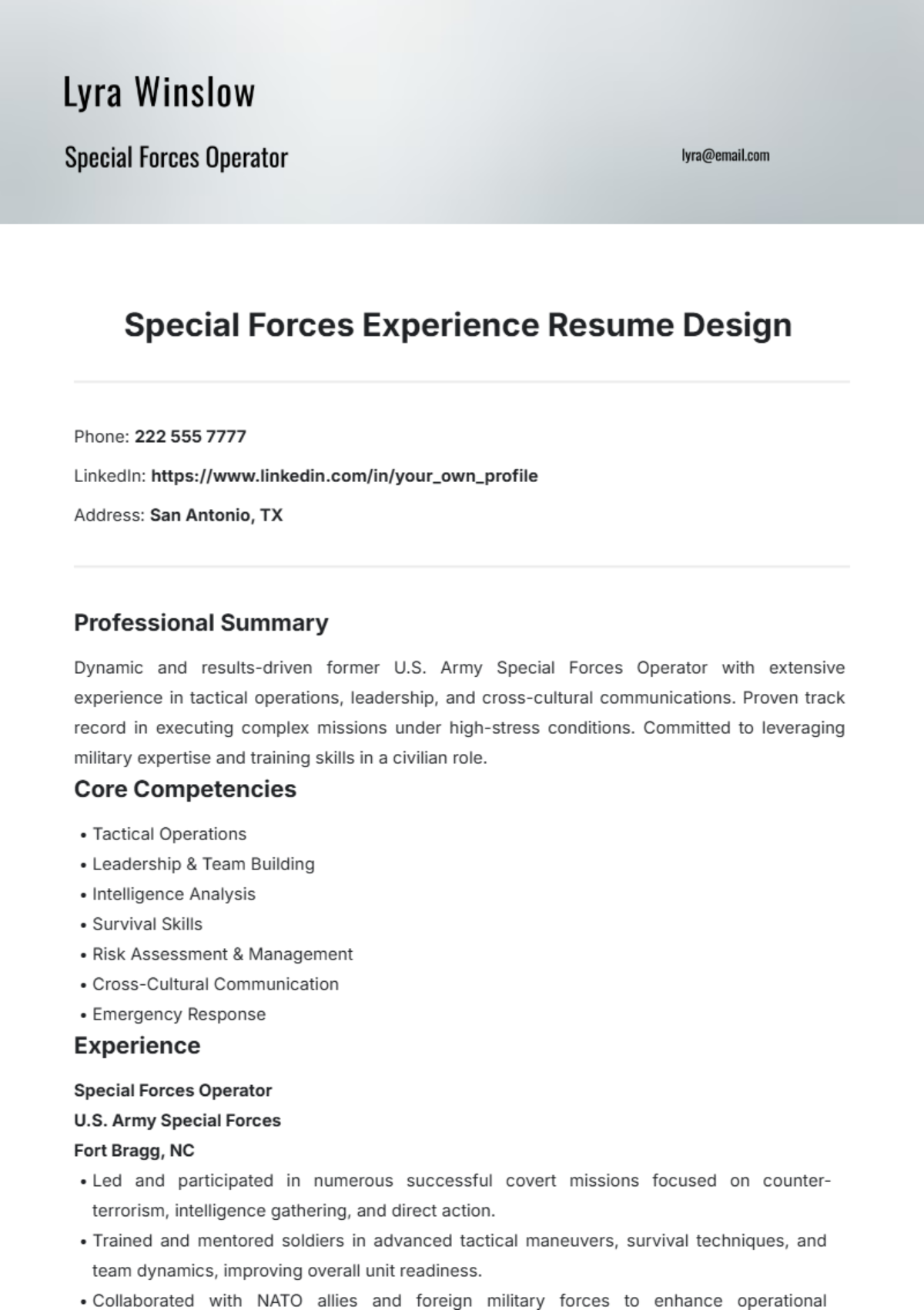 Special Forces Experience Resume Design Template - Edit Online & Download