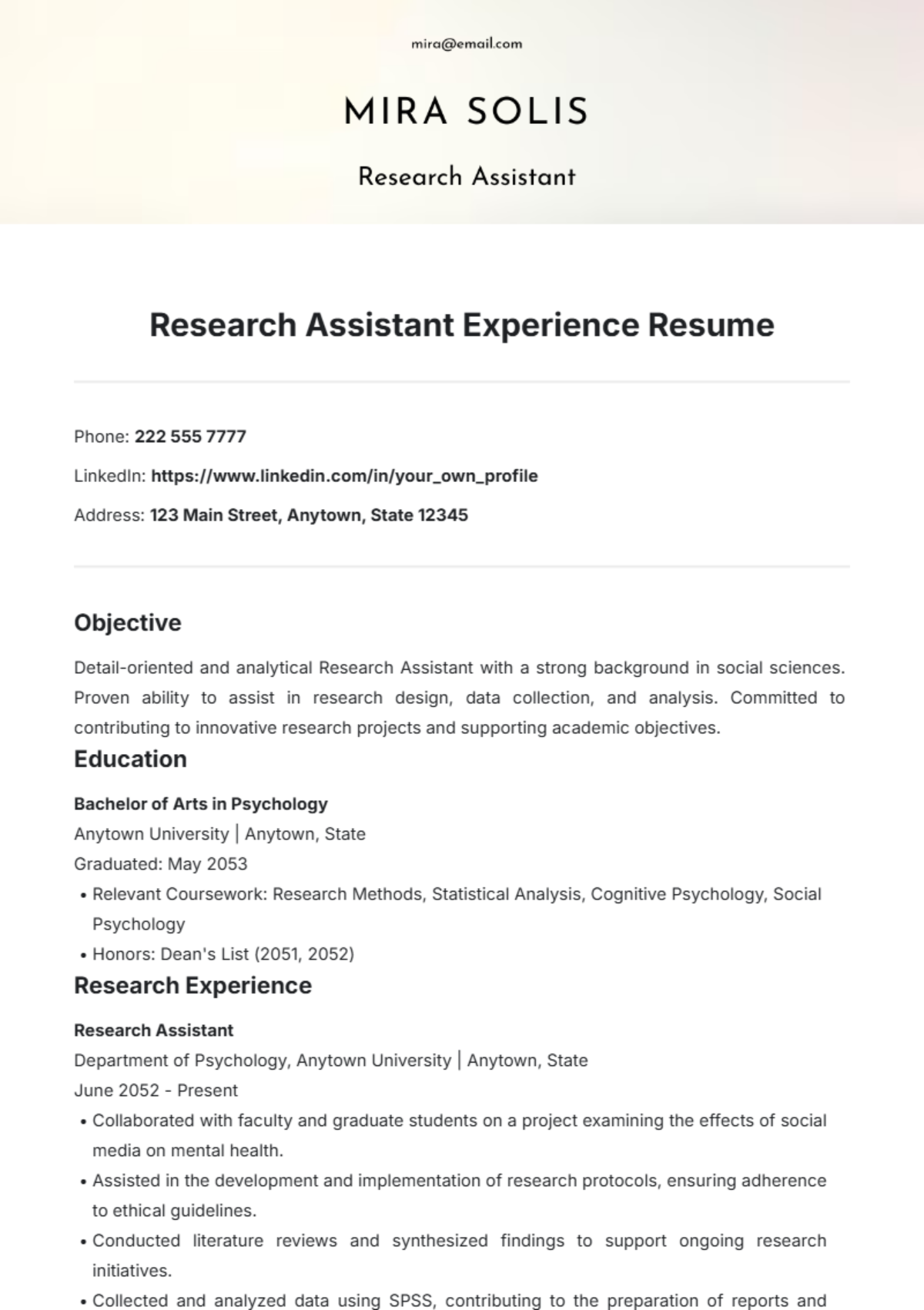 Research Assistant Experience Resume Template - Edit Online & Download