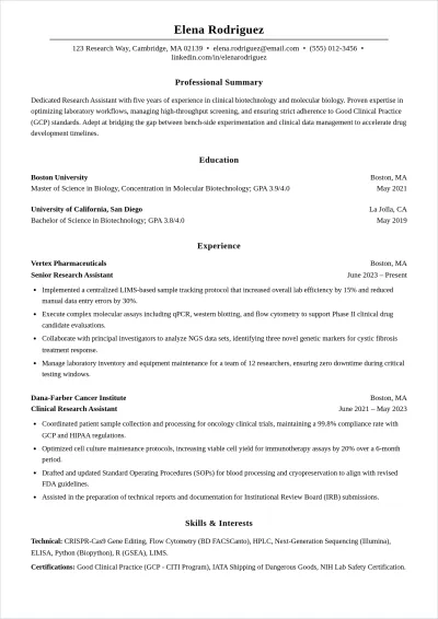 Free Research Assistant Experience ATS Resume Template