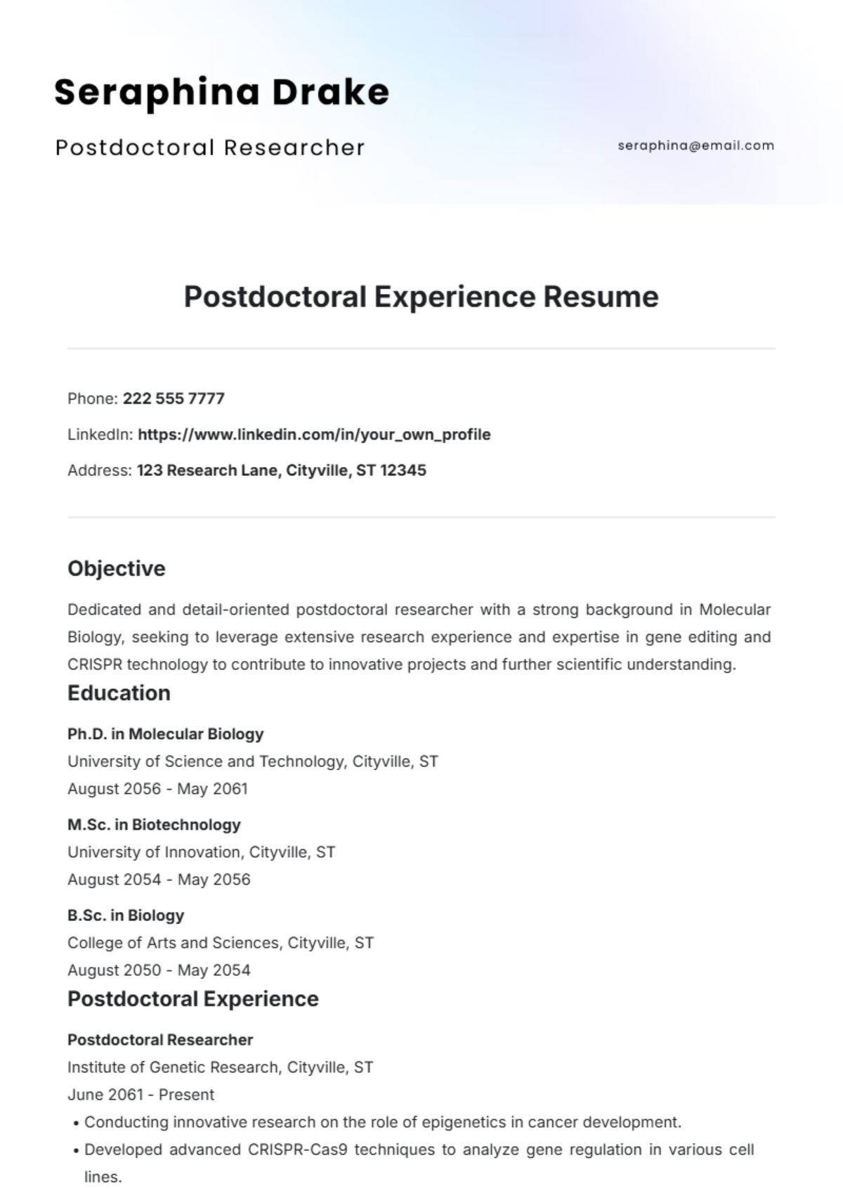 Postdoctoral Experience Resume Template - Edit Online & Download