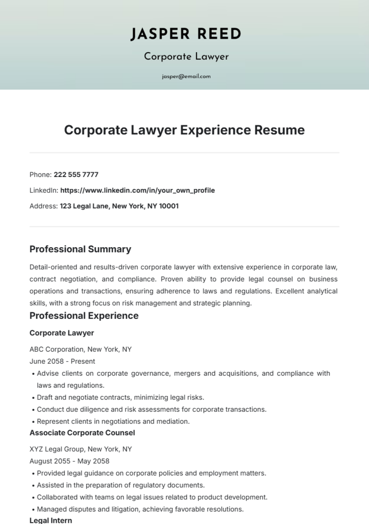 Corporate Lawyer Experience Resume Template - Edit Online & Download